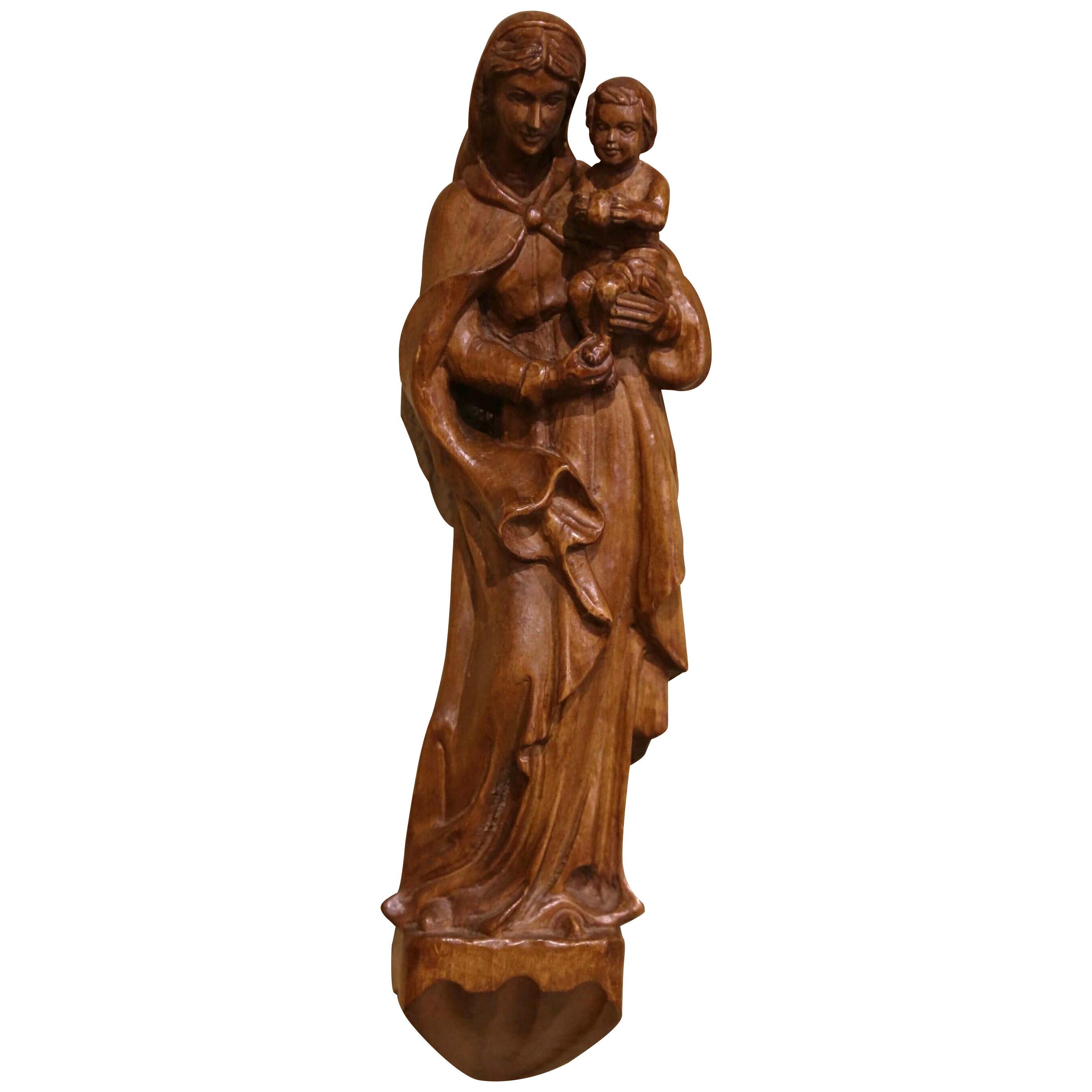 Mid-Century, French Hand Carved Walnut Virgin Mary and Child Wall Statue