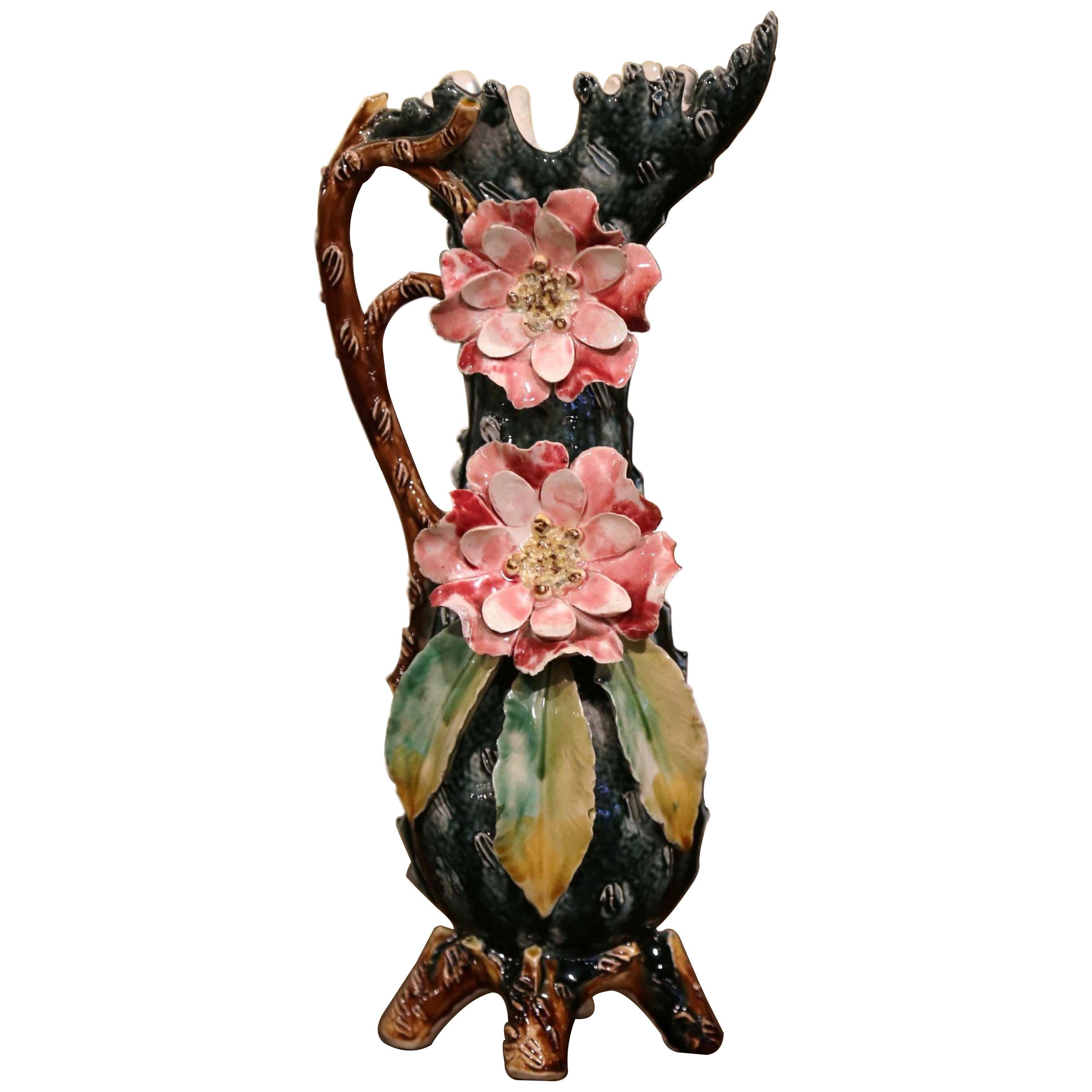 19th Century French Painted Ceramic Barbotine Vase with Floral and Branch Motifs