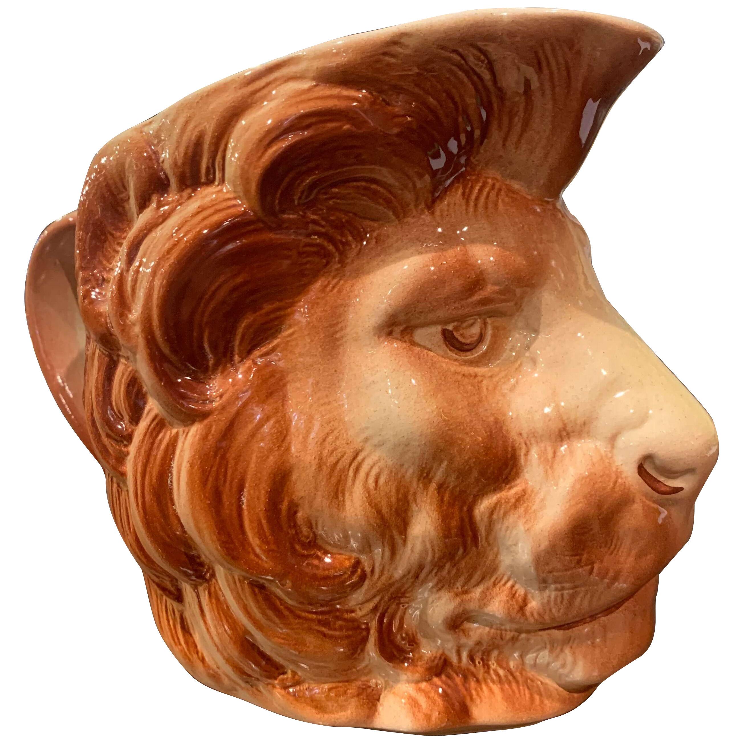 Early 20th Century French Painted Barbotine Ceramic Lion Head Pitcher