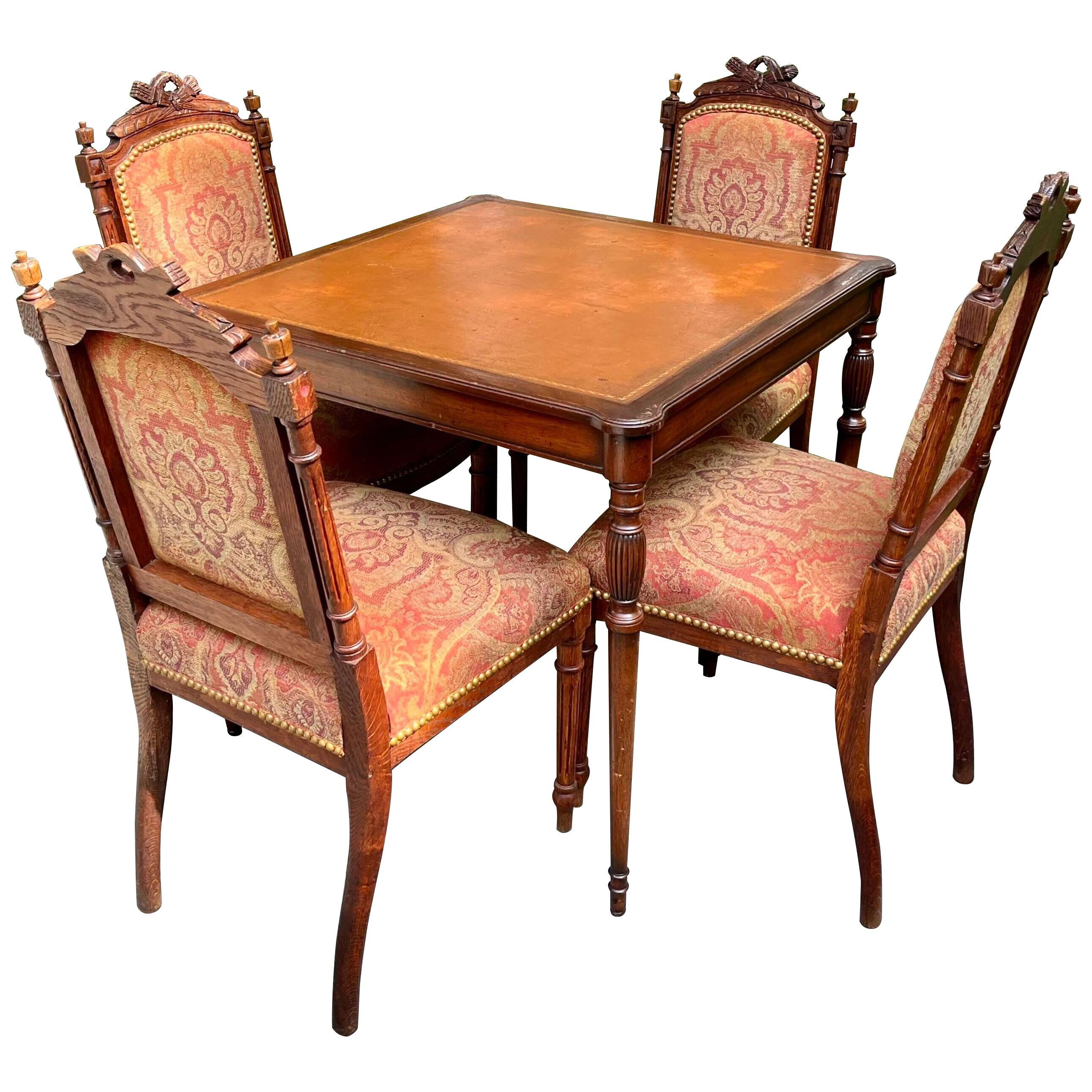 19th Century Set of 4 French Louis XVI Carved Walnut Chairs and Game Table