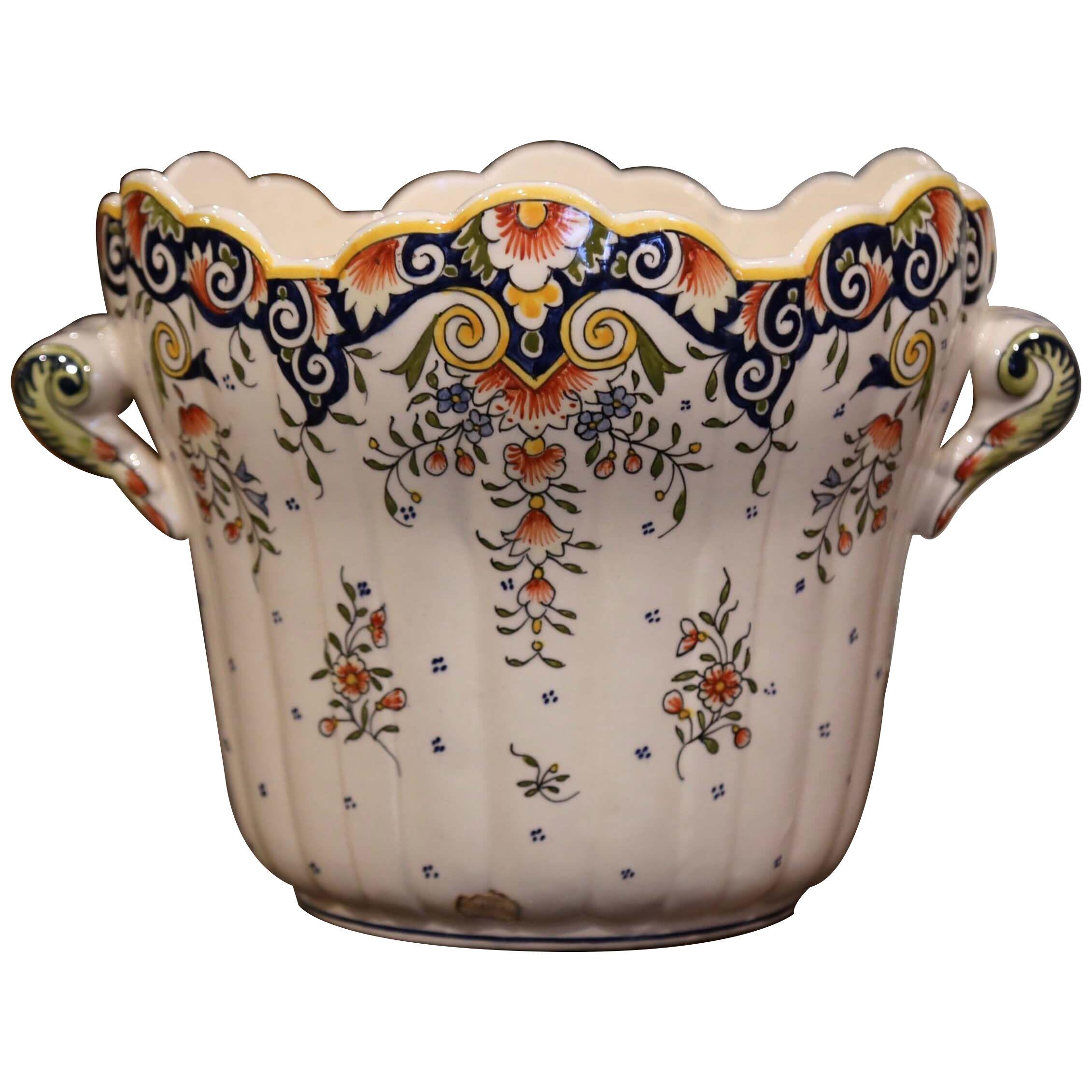 Early 20th Century French Hand-Painted Faience Planter with Handles from Rouen
