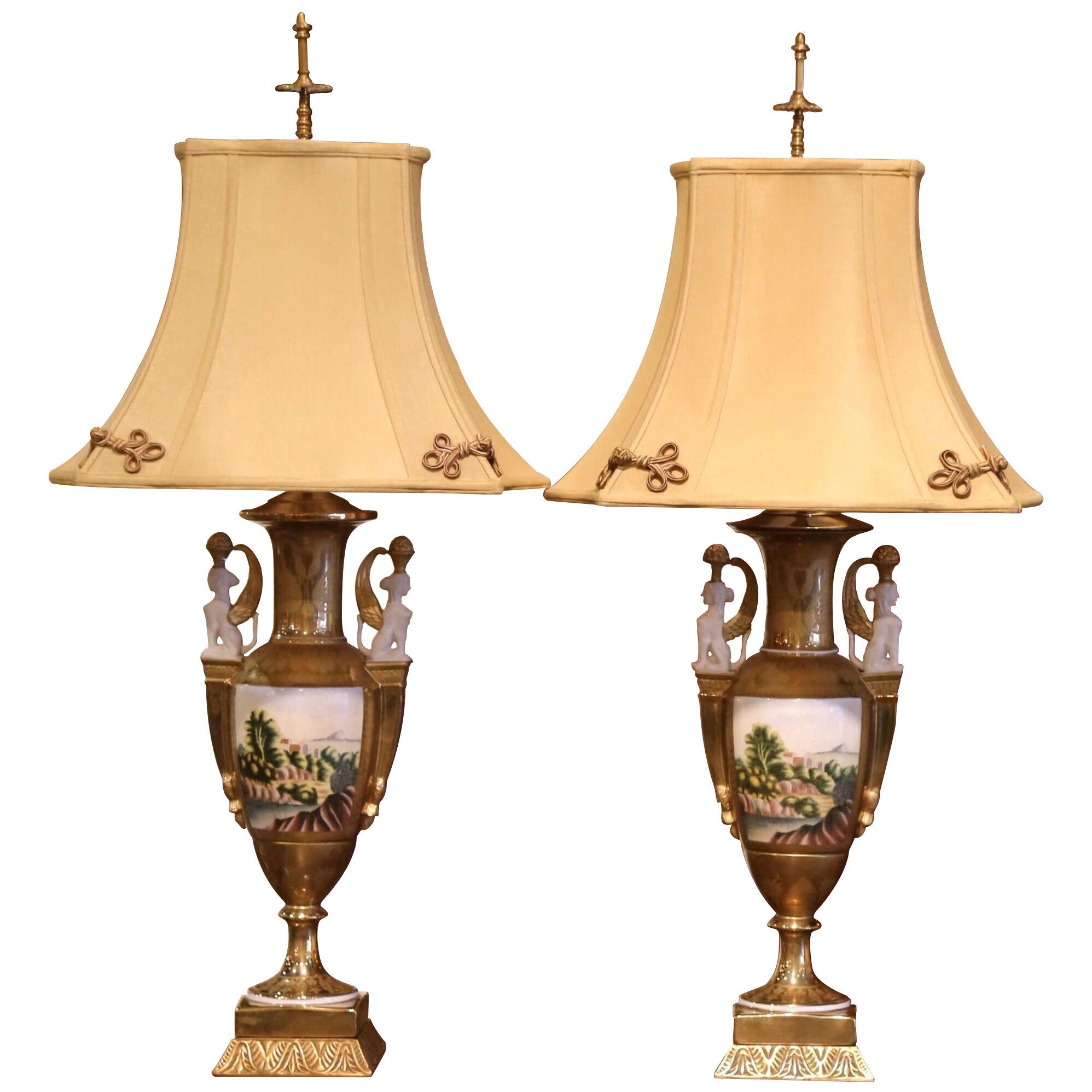 Pair of French Empire Style Painted and Gilt Porcelain Table Lamps w/ Shades