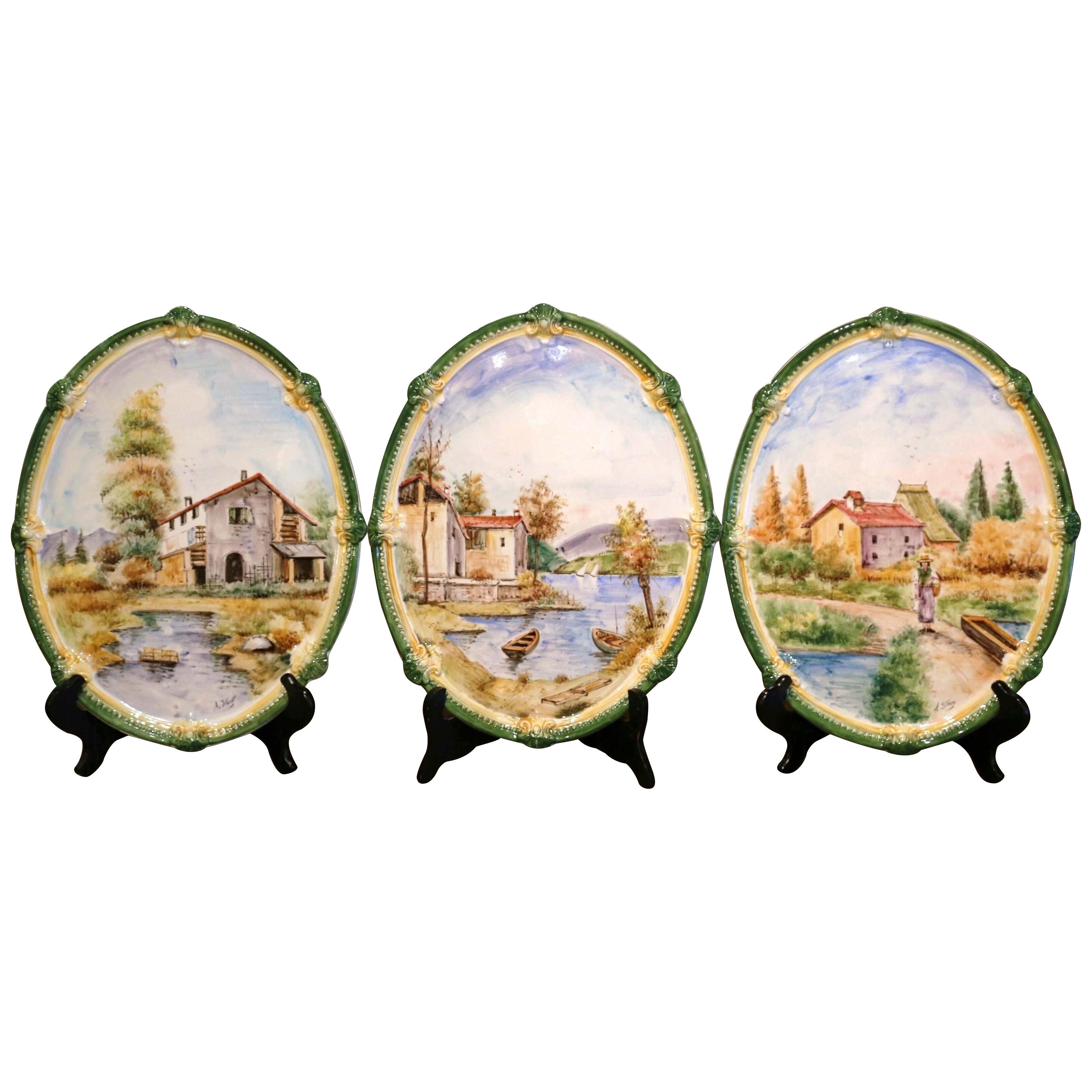 Set of Three Italian Hand Painted Faience Oval Decorative Wall Plaques