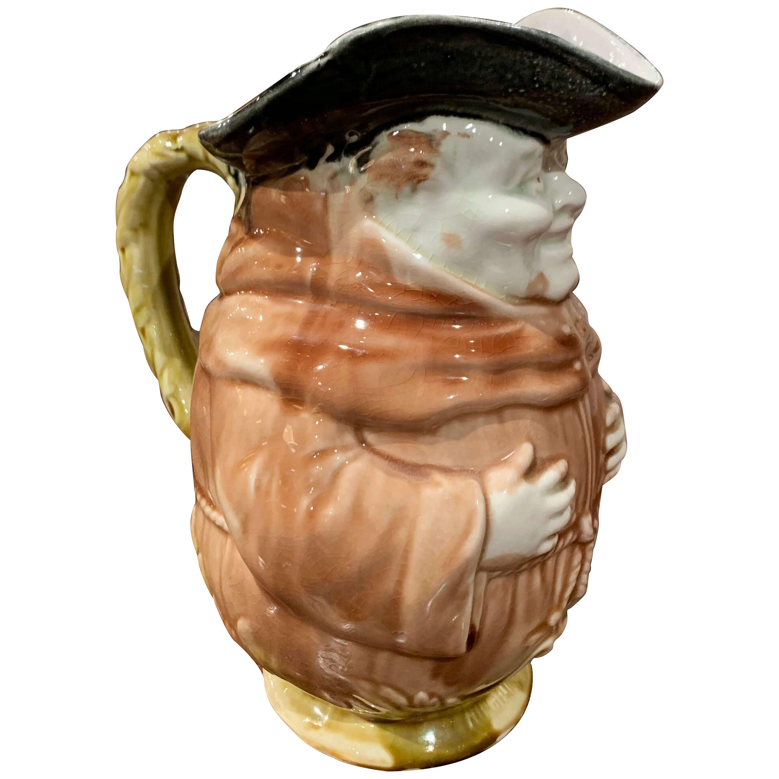 19th Century French Painted Ceramic Barbotine Monk Pitcher from Onnaing