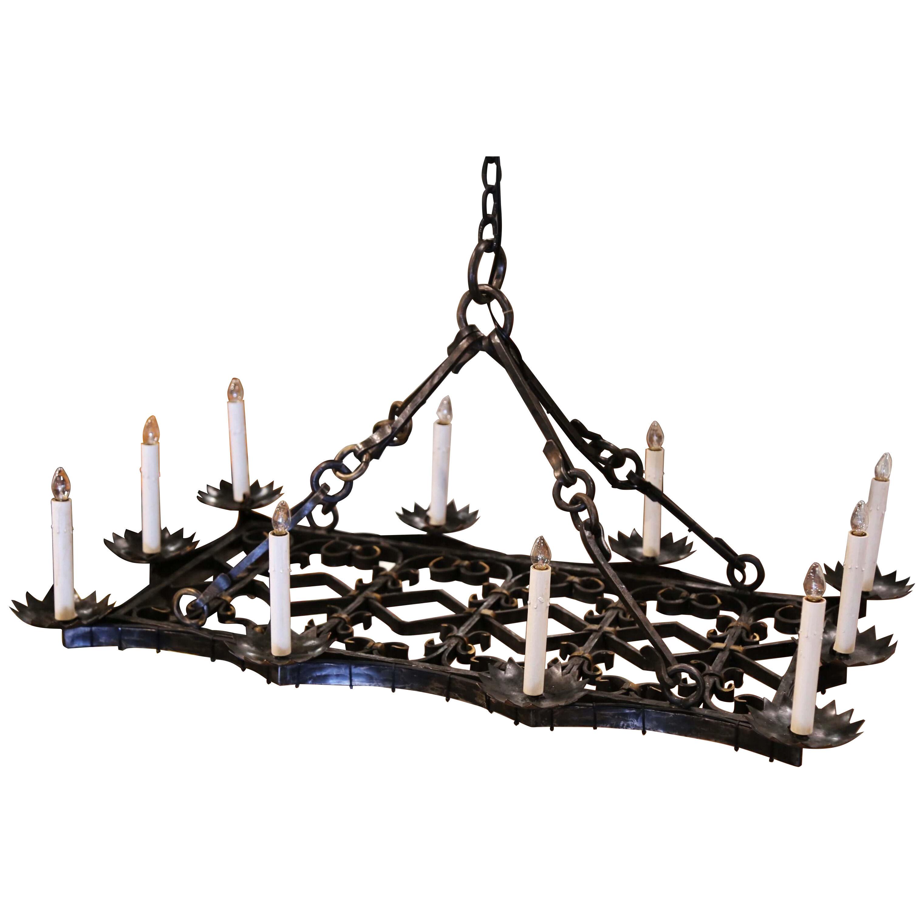19th Century French Gothic Forged Iron Flat Bottom Ten-Light Chandelier