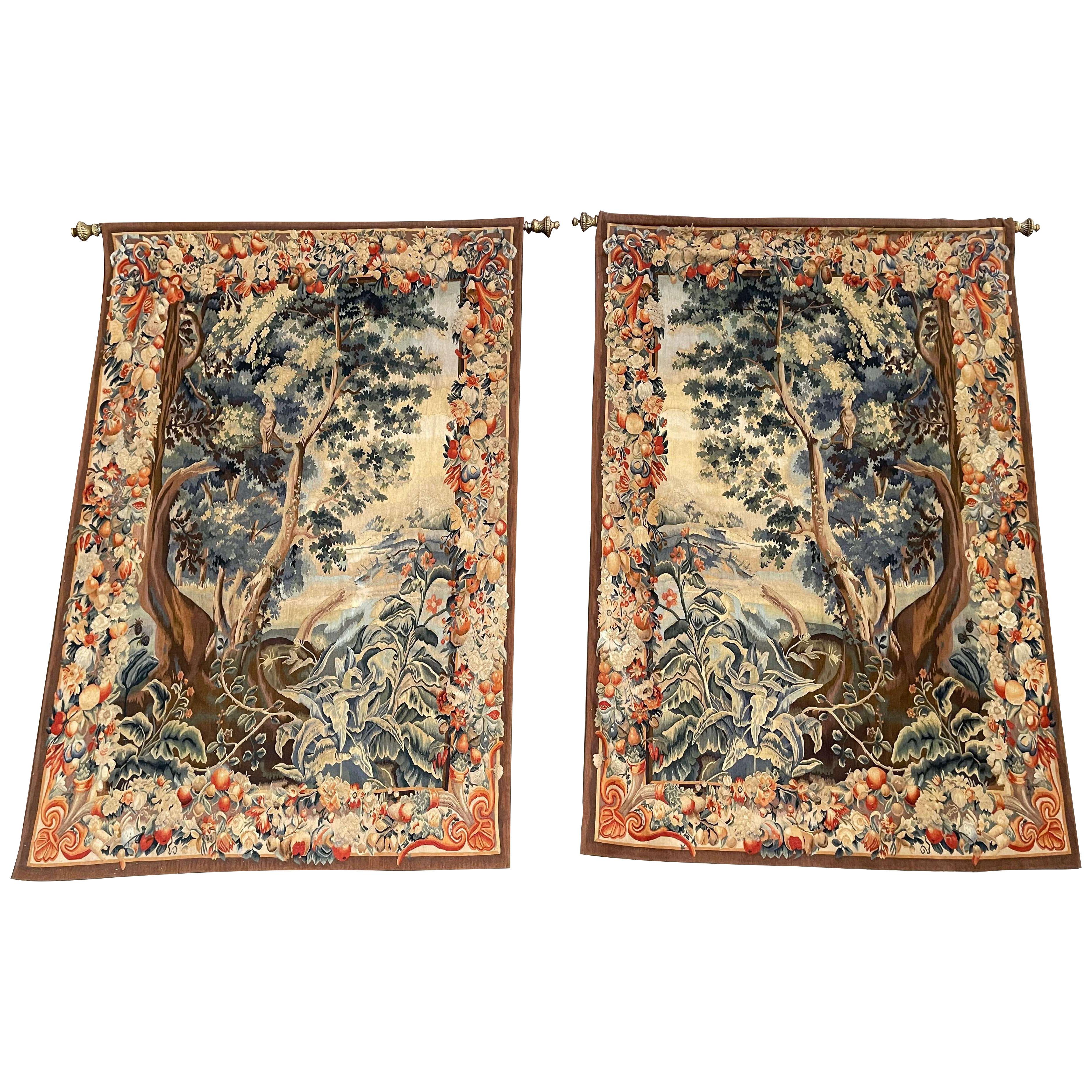 Pair of Mid-Century French Hand Woven Verdure Tapestries w/ Bird & Foliage Motif
