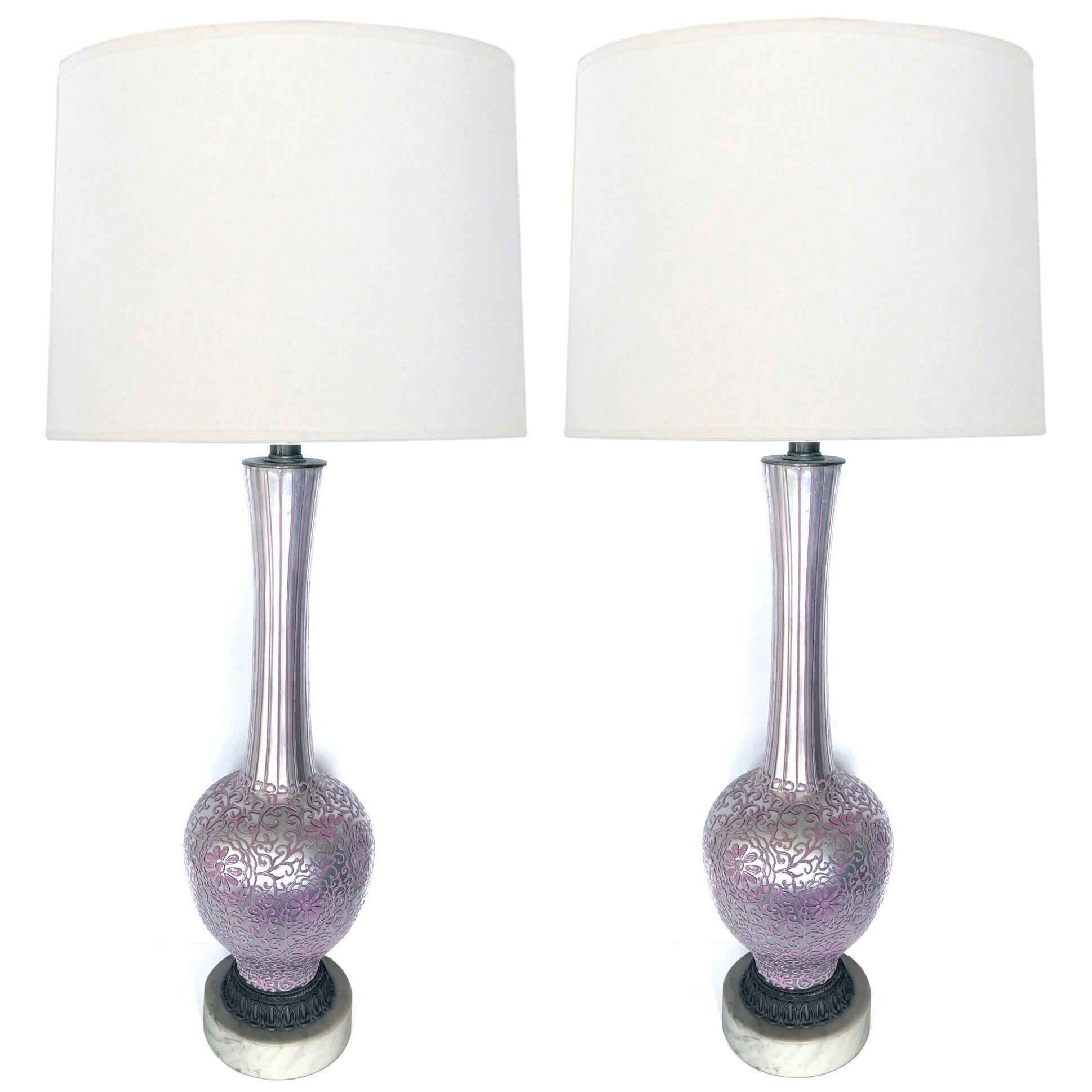 Tall pair of 1960's reverse-silvered lamps with applied floral vine decoration
