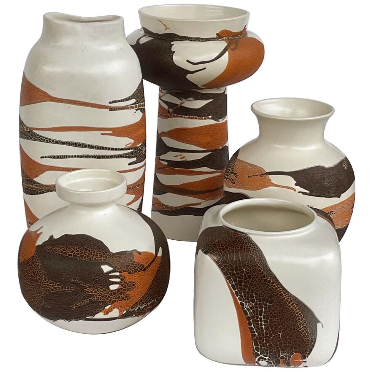 Set of 5 Royal Haeger pottery vases w brown & russet drip glaze on ivory ground