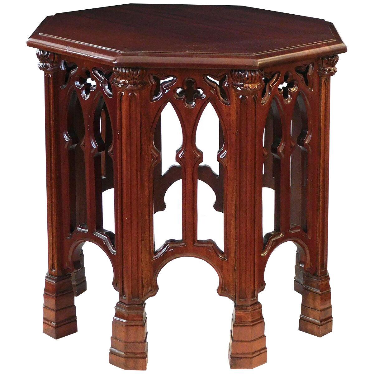 English neo-gothic style carved solid mahogany octagonal side/drinks table