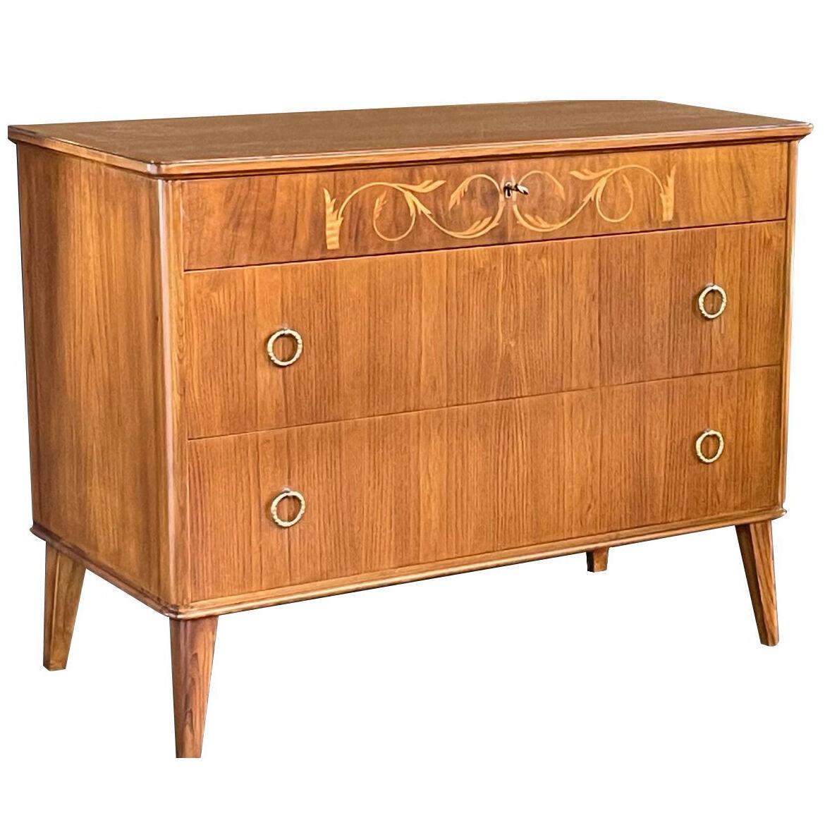 Mid-century modern marquetry inlaid birch chest of drawers; possibly Swedish
