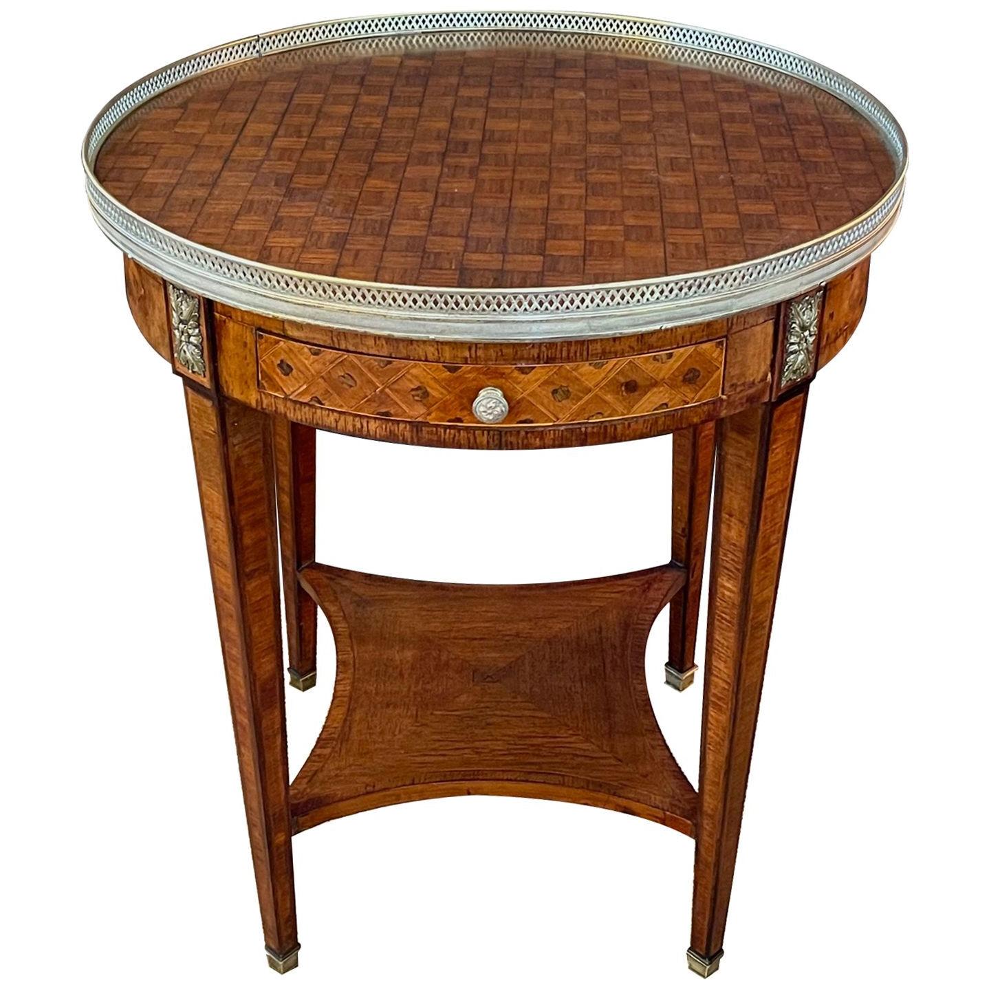 French Louis XVI style marquetry inlaid circular side table/gueridon