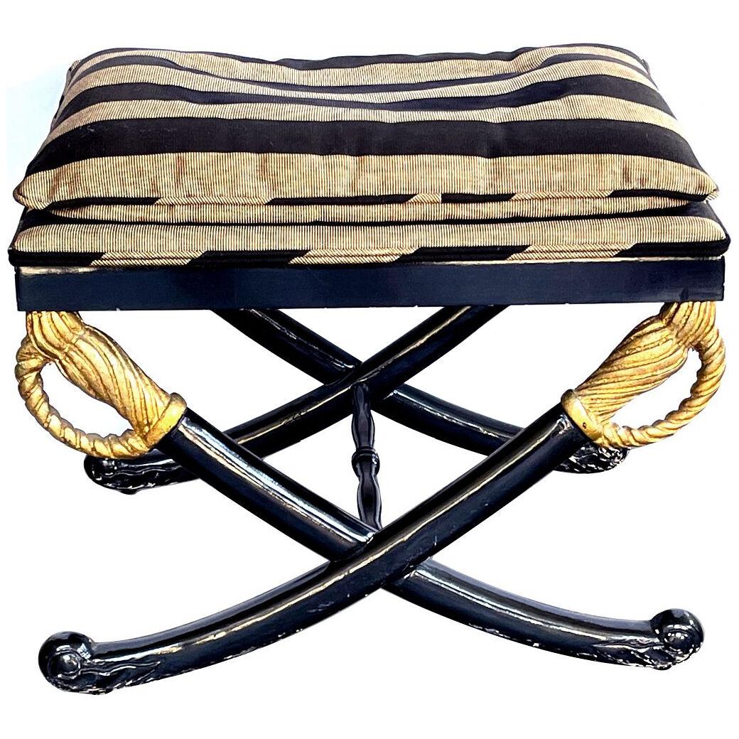 Empire style ebonized cross-sword bench with gilt highlights