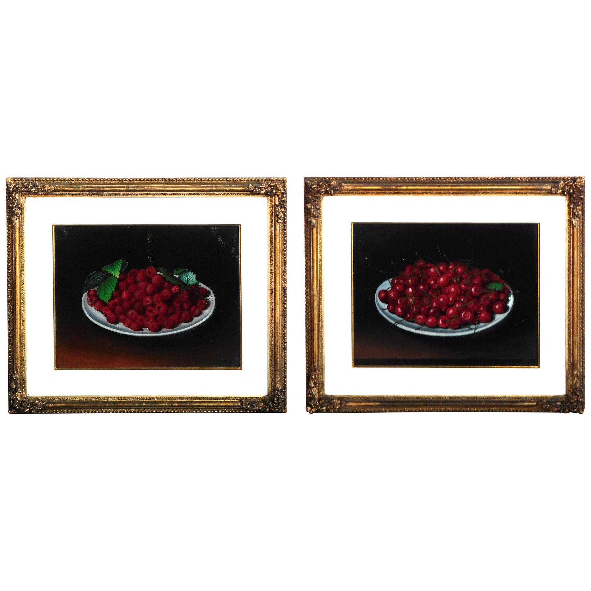 Pair of Victorian still life paintings of a bowl of cherries and red raspberries