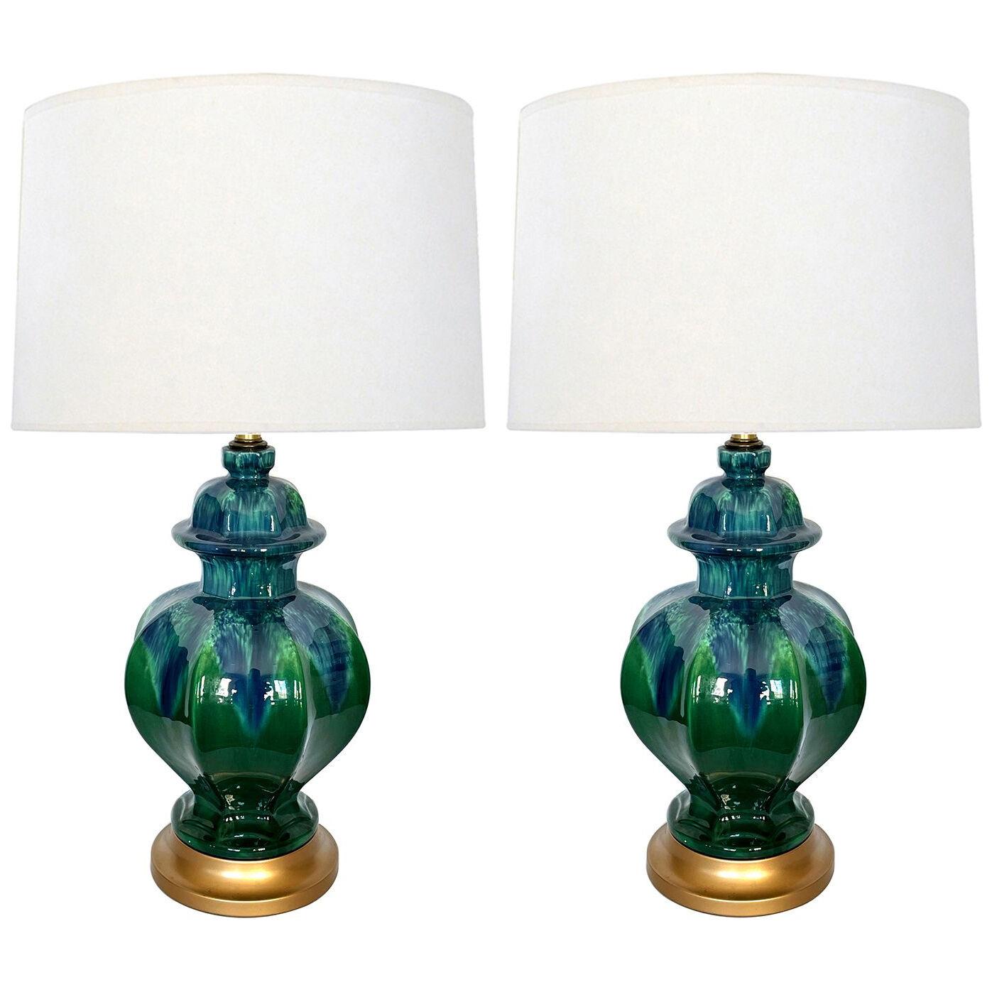 Pair of 1960's blue and green drip-glaze octagonal ginger jar lamps