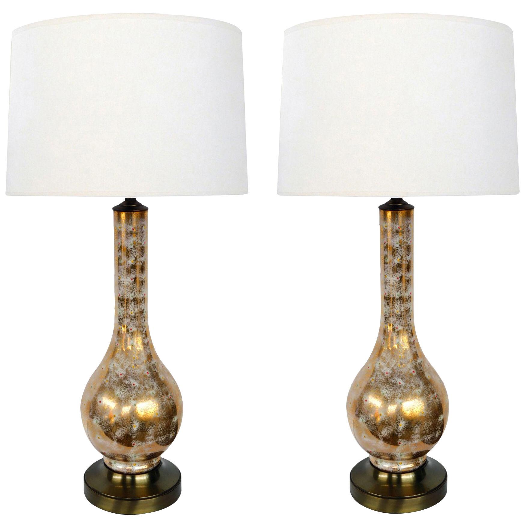 Pair Of Murano 1960's Gold & White Glazed Bottle-Form Lamps With Colored Flecks