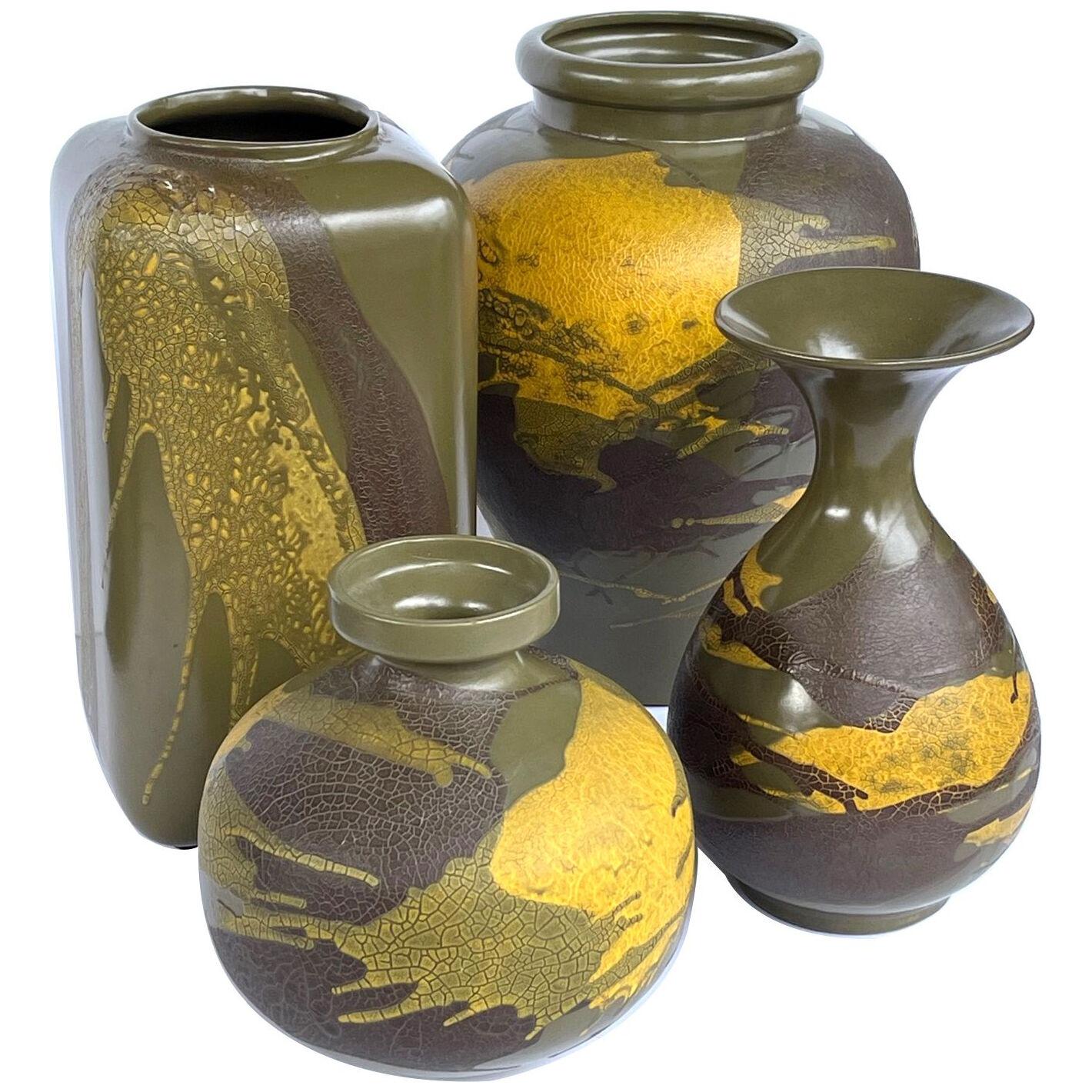 4 Royal Haeger Pottery Vessels w Yellow & Brown Drip Glaze on Olive Green Ground