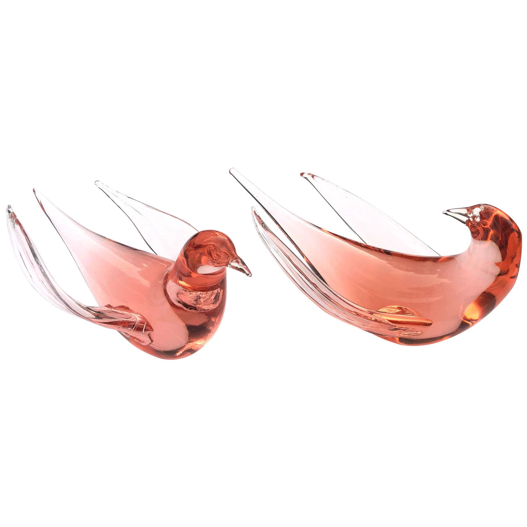 Pair Murano Midcentury Coral-colored Art Glass Birds, 1950's.