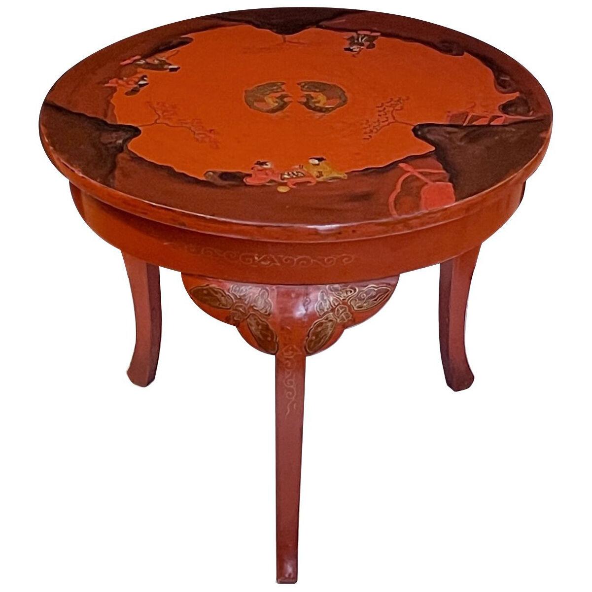 Charming Chinese red-lacquered circular tripod side/drinks table