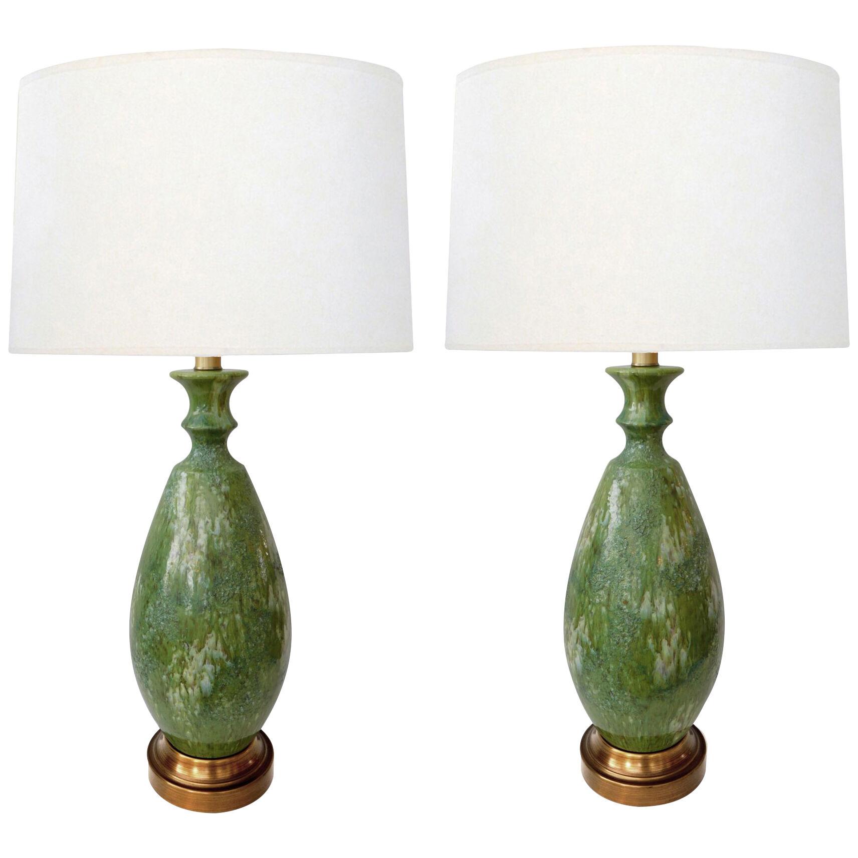 Large Pair Of 1960's Celadon Drip Glaze Ovoid-Form Lamps.