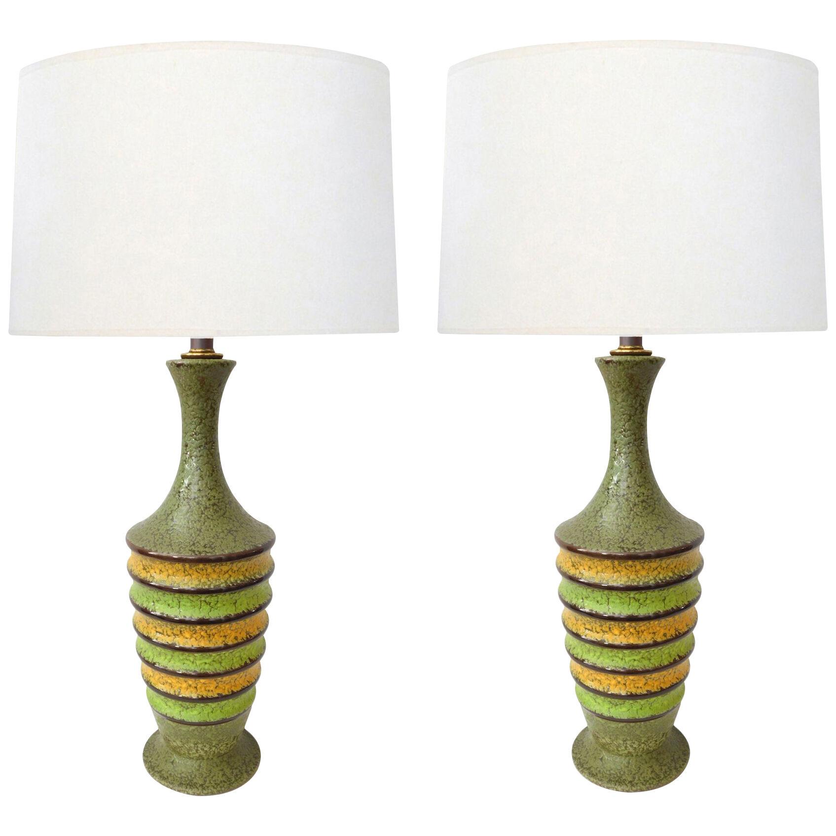Pair Of 1960's Ribbed Ovoid-form Lamps With Green Textured Glaze.