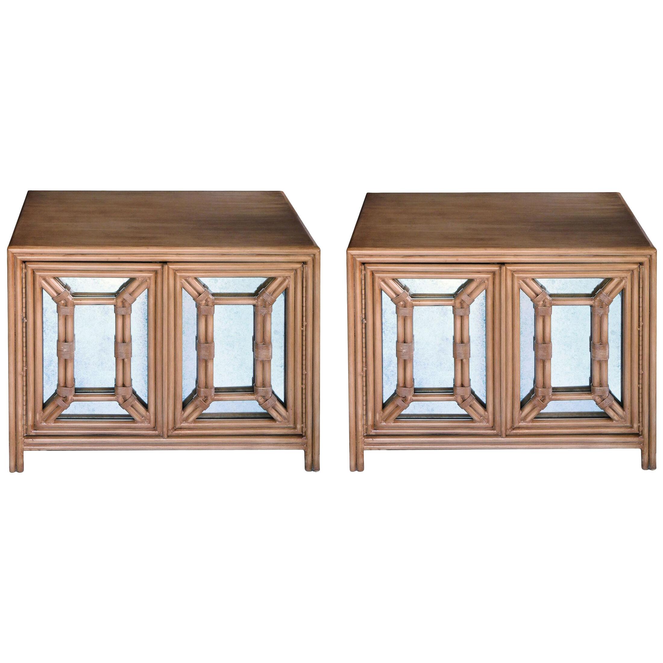Hollywood Regency Painted Faux Bamboo And Mirrored Two-Door Cabinets 1960s 