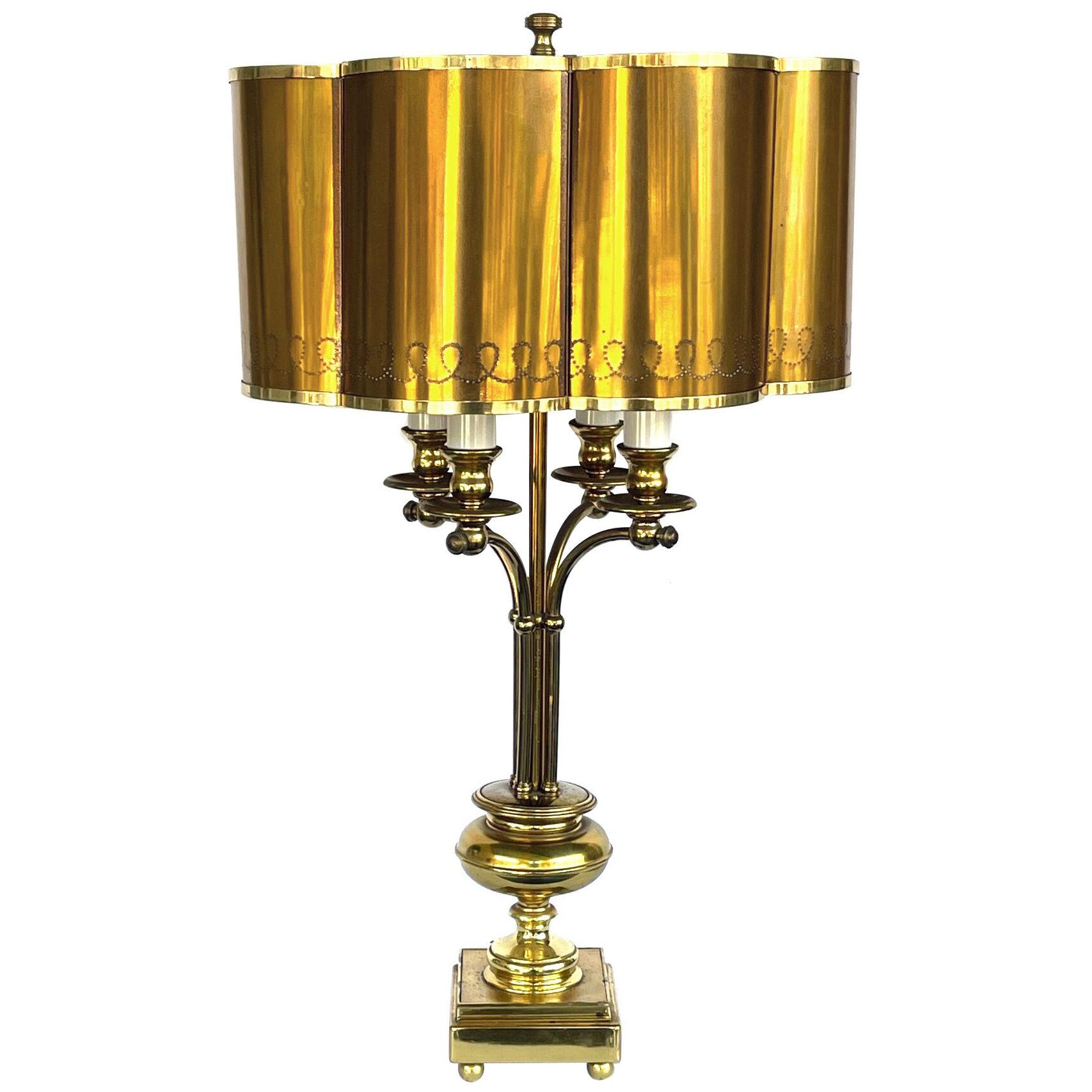 French brass 4-light bouillotte lamp with original scalloped brass shade