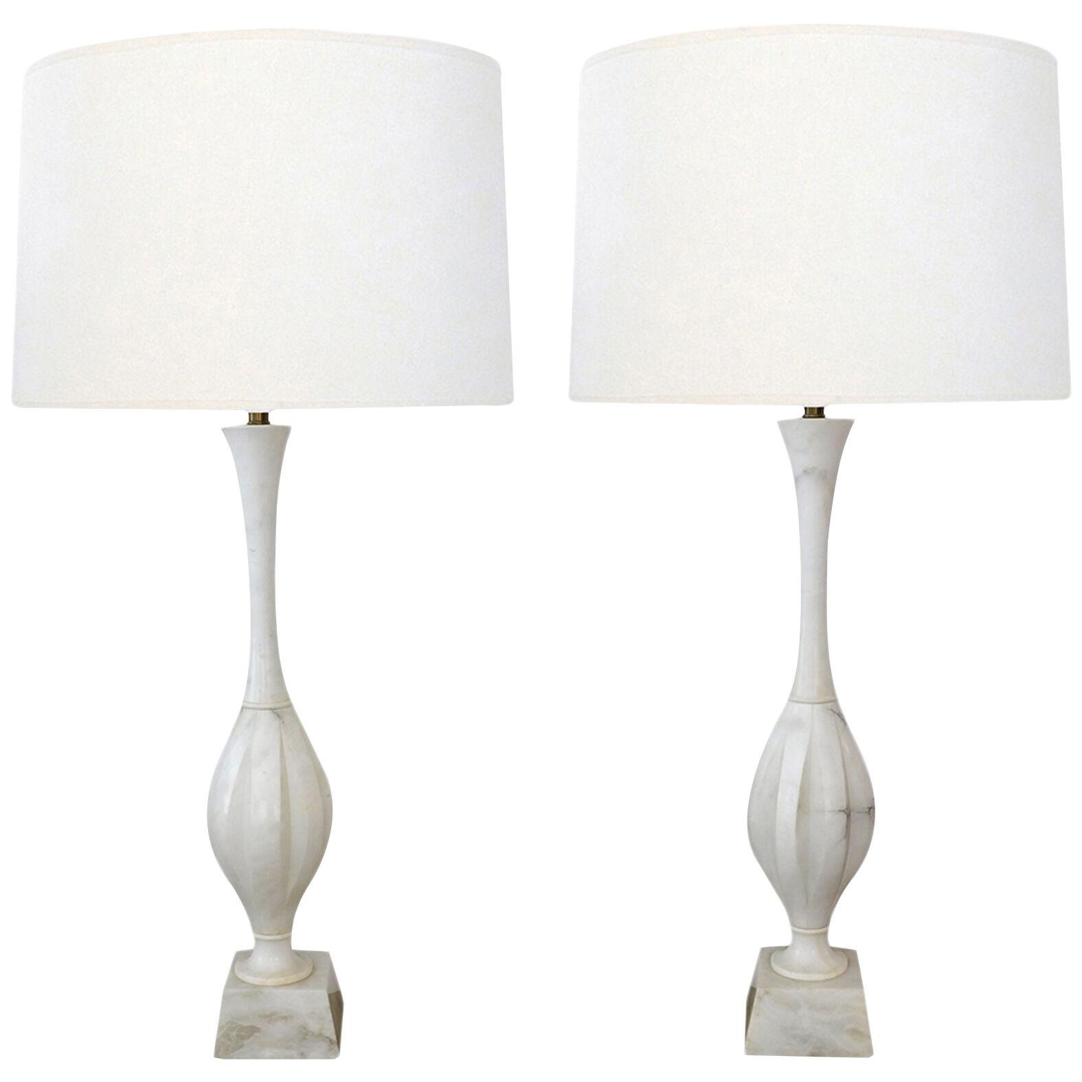 Pair Of Italian 1960's Carved Carrera Marble Baluster-Form Lamps.