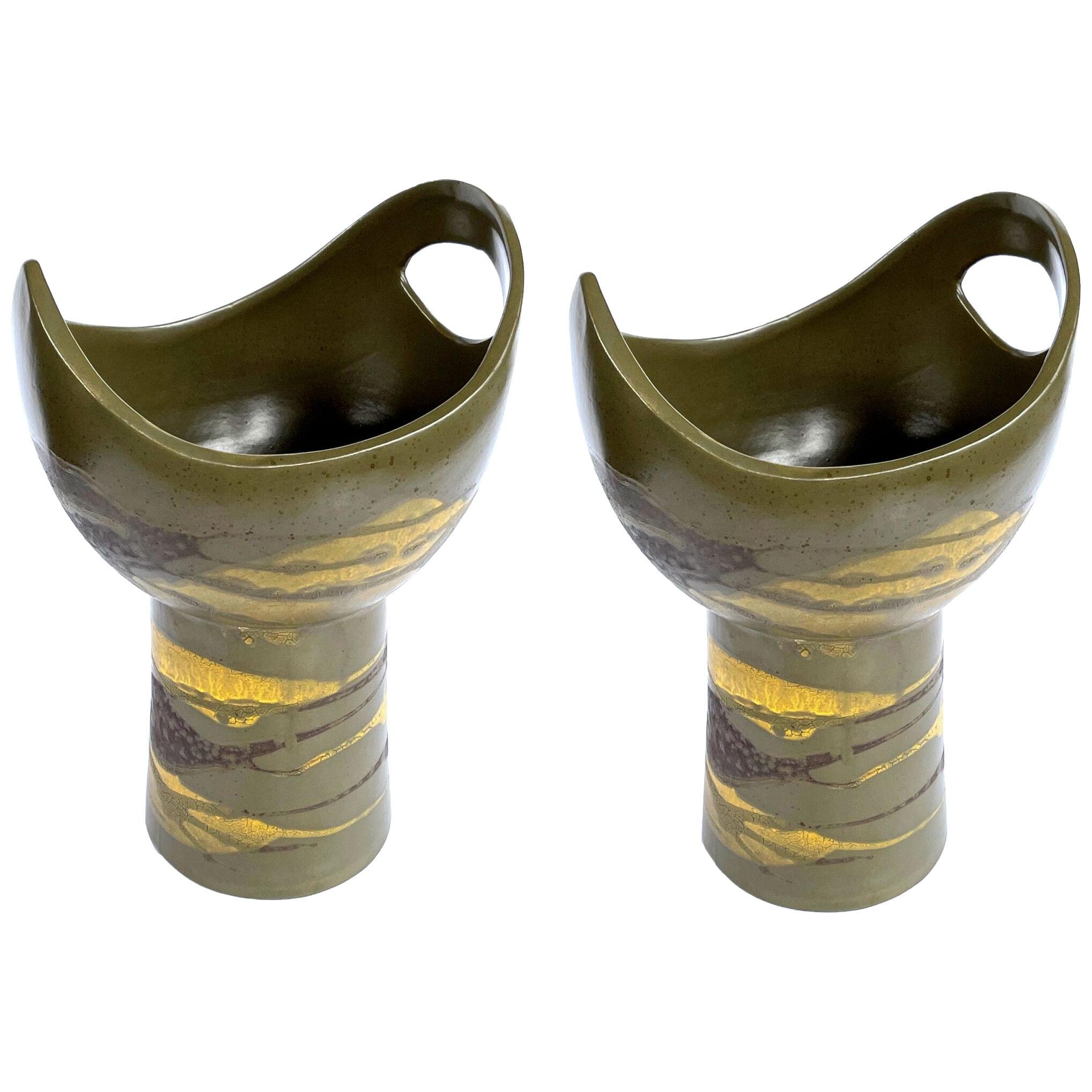 Pr Royal Haeger Cup-Shaped Vases w Brown&Yellow Drip Glaze on Olive Green Ground