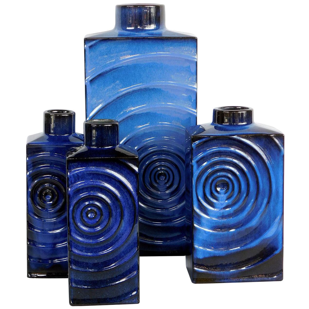 Set of 4 1960's Cari Zalloni for Steuler Keramik blue-on-black 'zyklon' vases