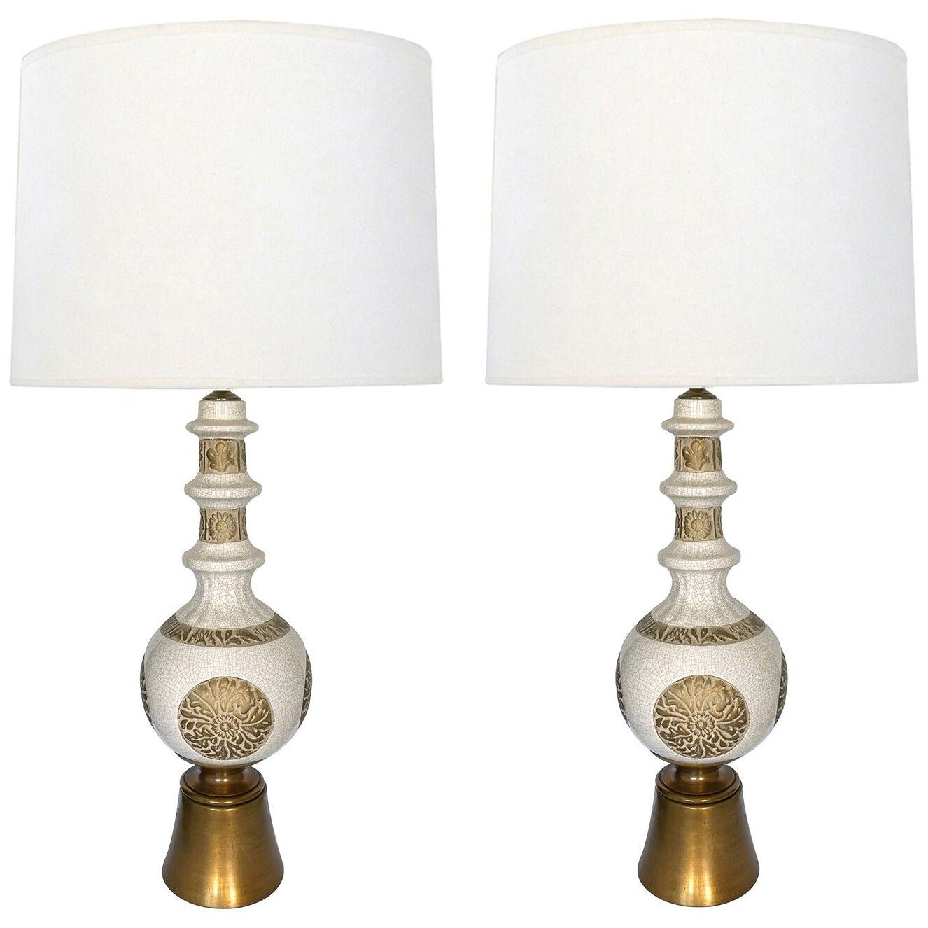 Tall and striking pair of ivory crackle-glaze ceramic baluster-form lamps