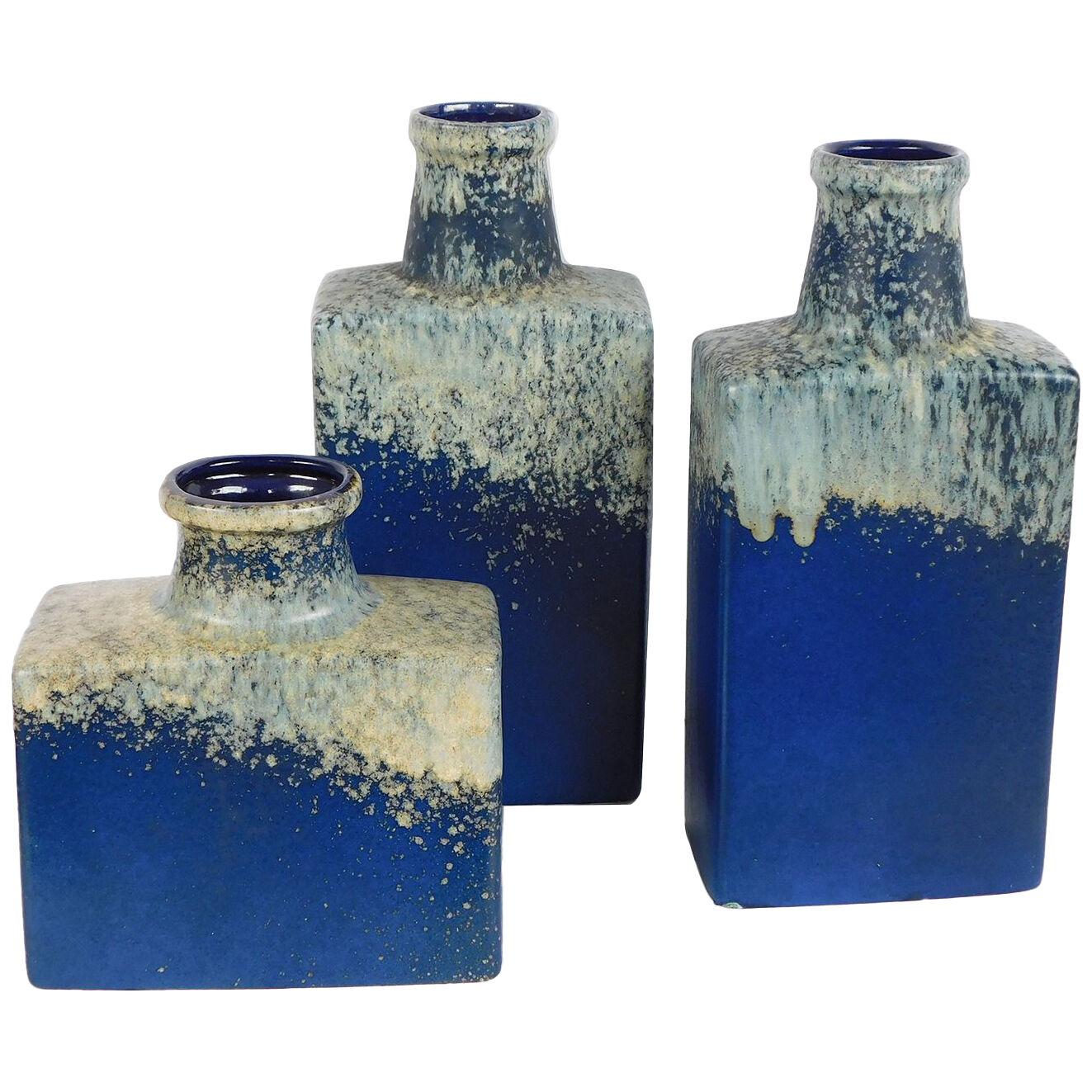 Set of three 1960's royal blue glazed Sheurich pottery vases