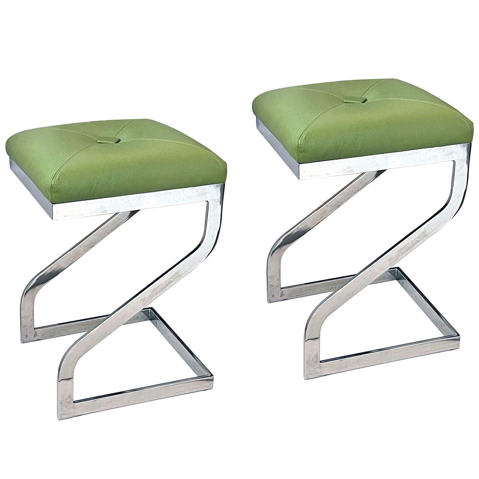 Pair of 1970's z-form chrome bar stools with apple green leather upholstery