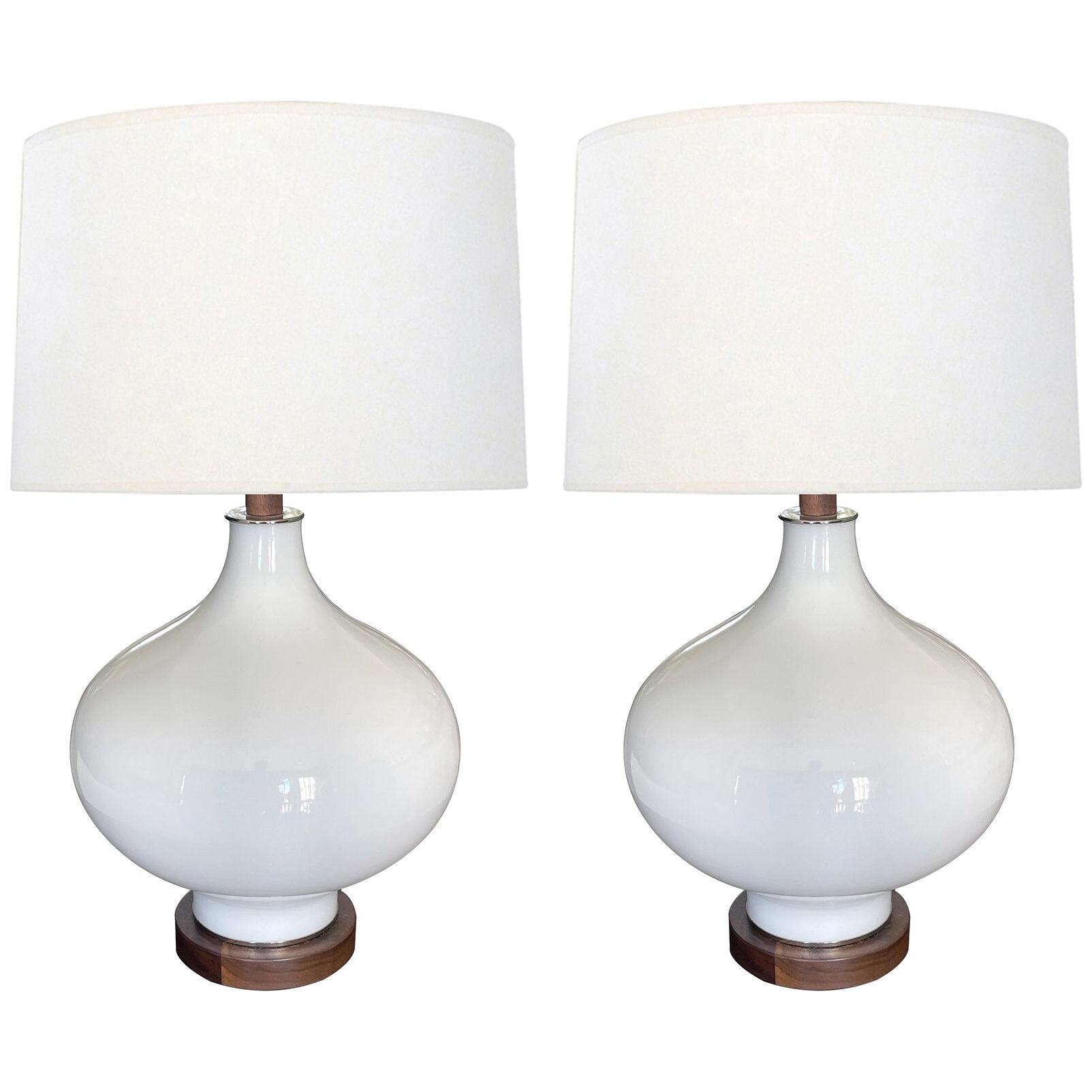 Pair of 1960's white cased glass ovoid lamps