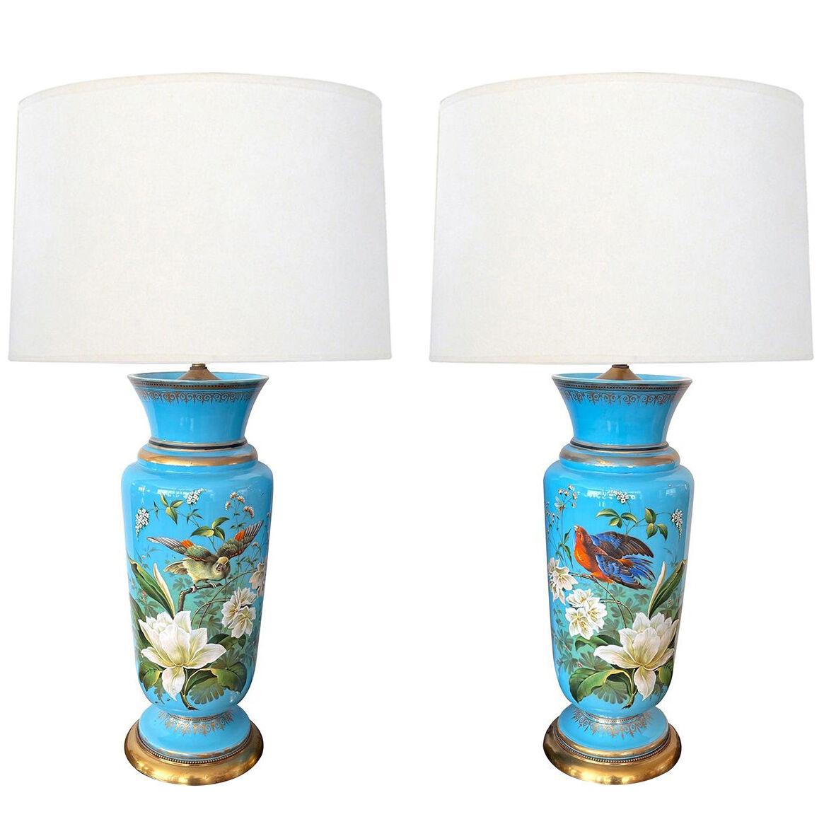 Fine pair of French cerulean blue opaline lamps with polychromed decoration