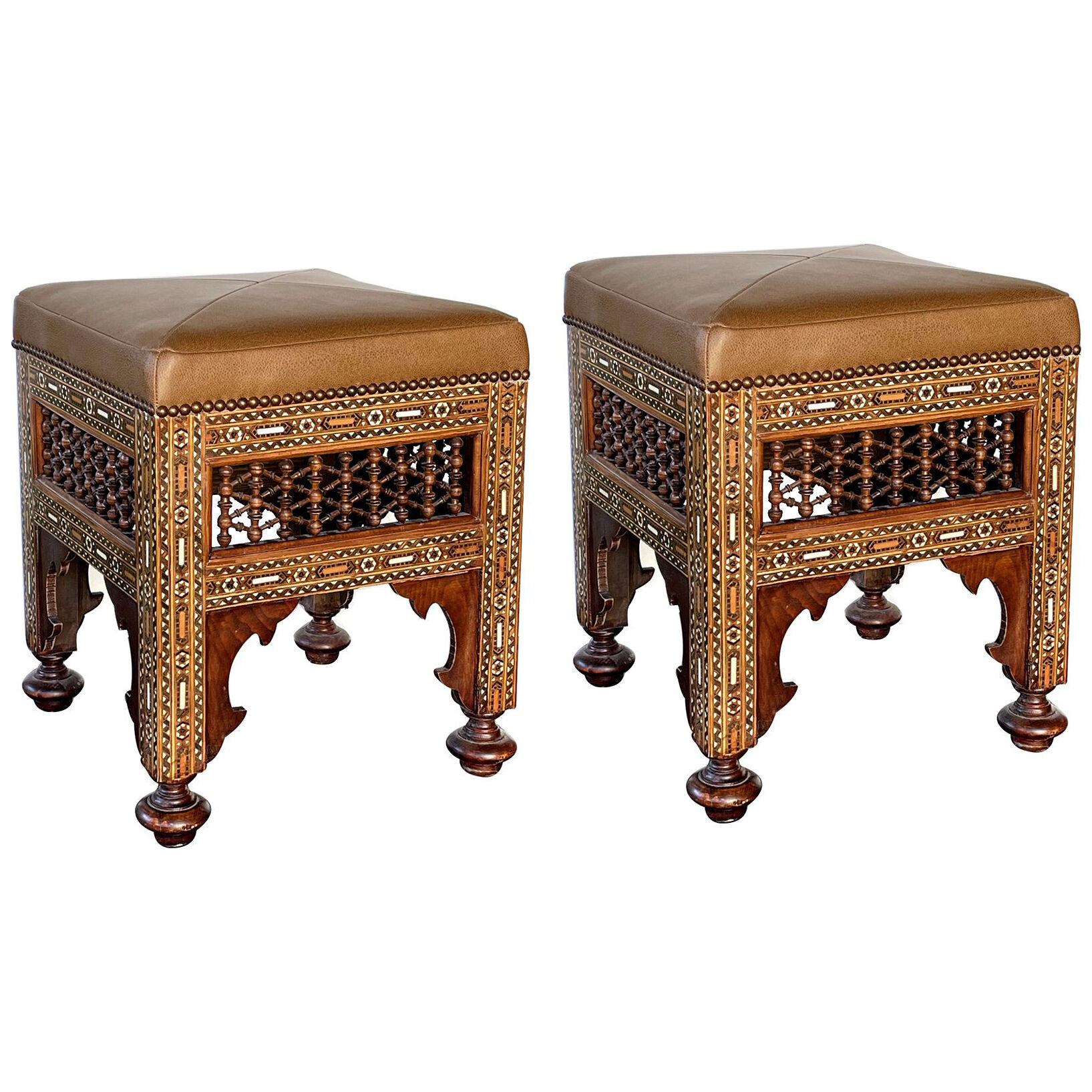 Good pair of Moroccan carved and inlaid square leather upholstered stools