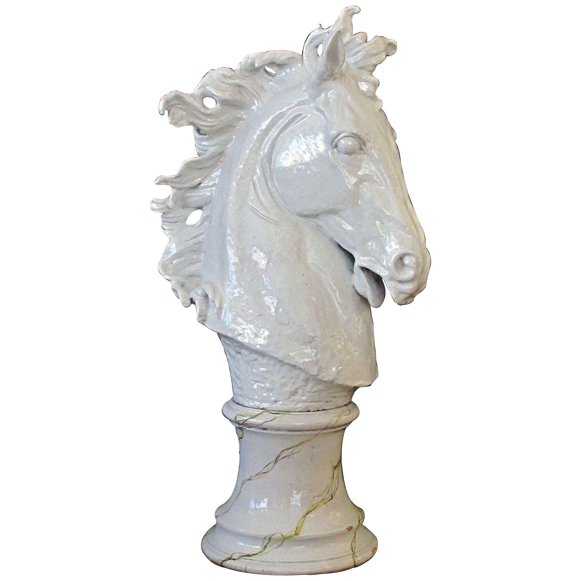 A Monumental & Expressive Italian Majolica Mid-Century White-Glazed Horse Head.
