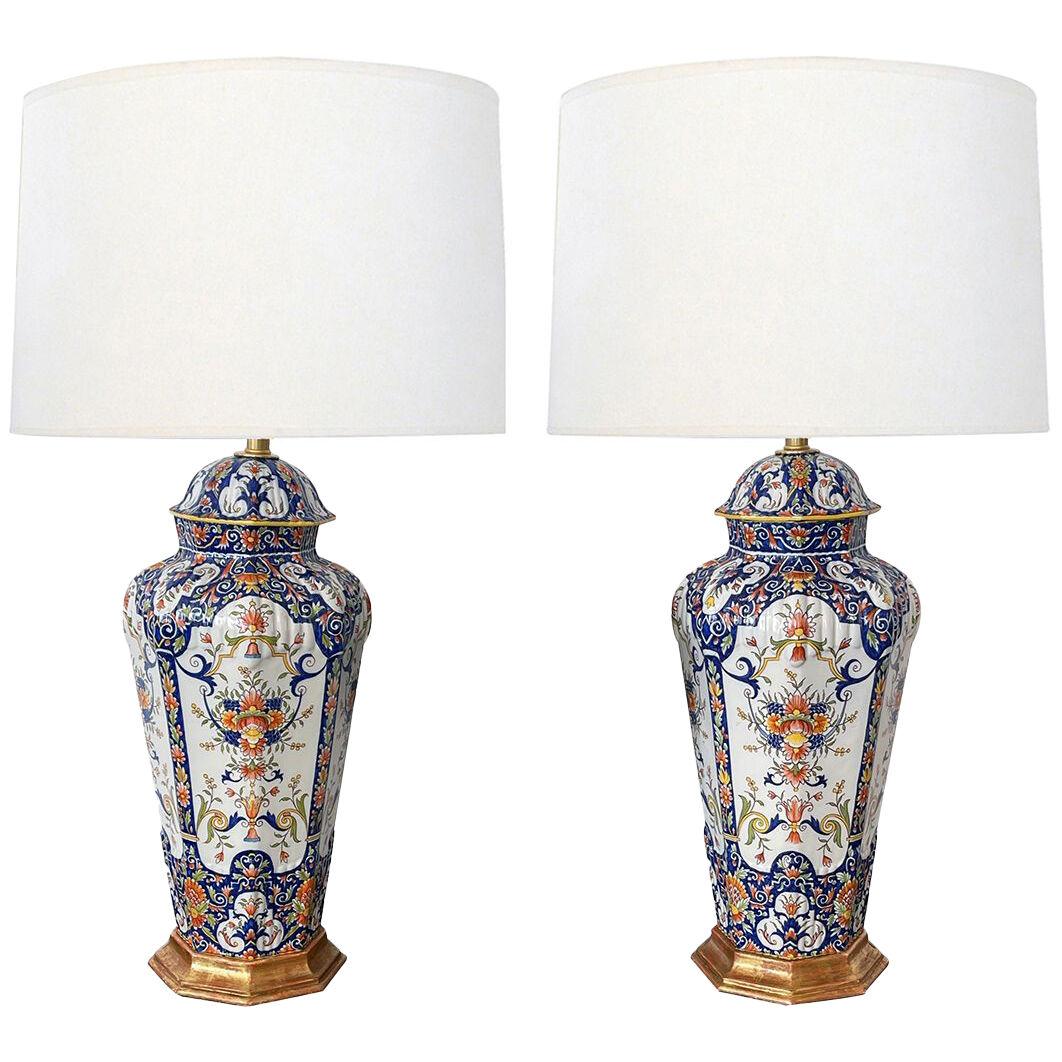 19th century pair of French polychromed faience octagonal urns now as lamps