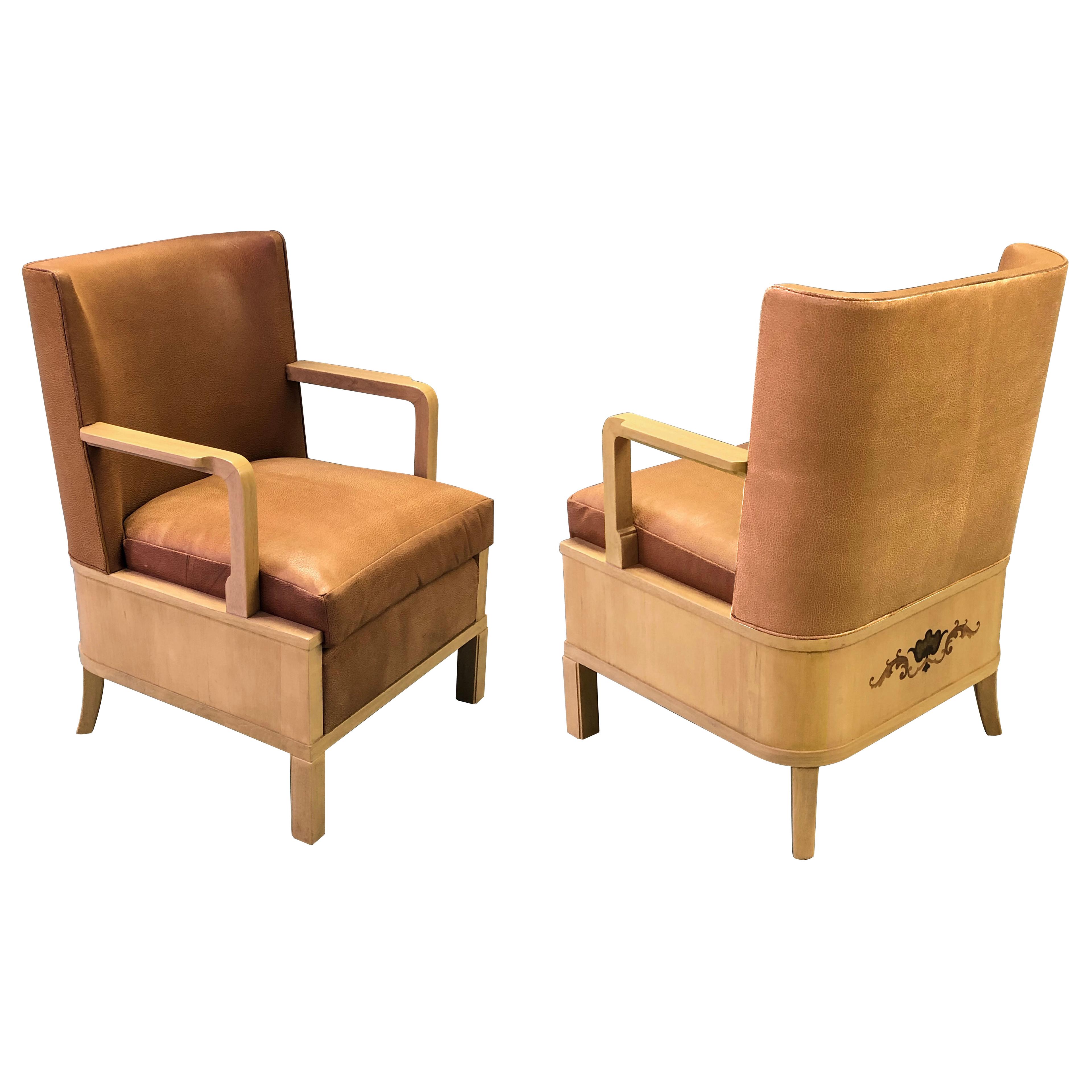 Chic Pair of French 1940's Sycamore Marquetry Open Armchairs