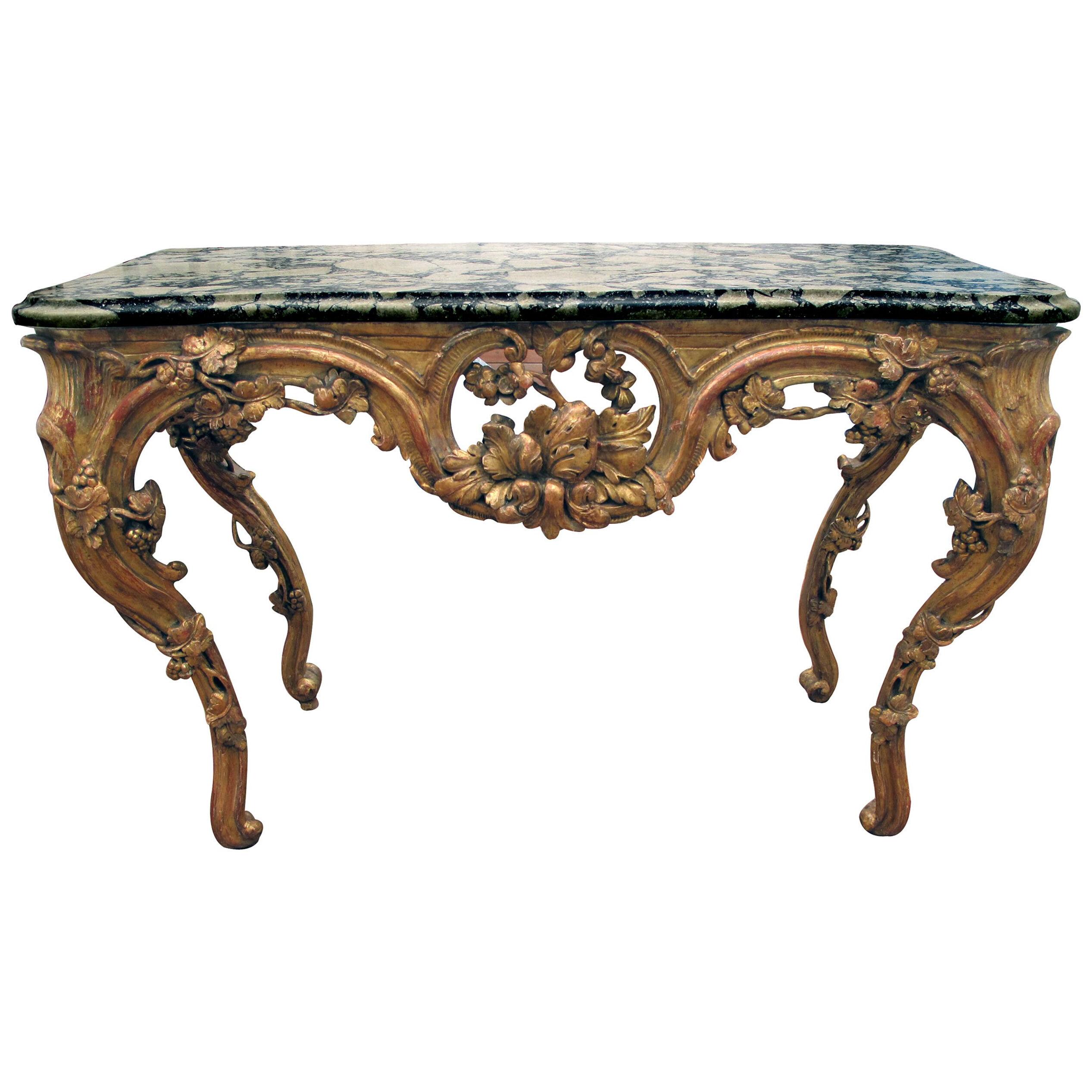 Superb French Regence Gilt-Wood Console Table w Sage Green Marble Top