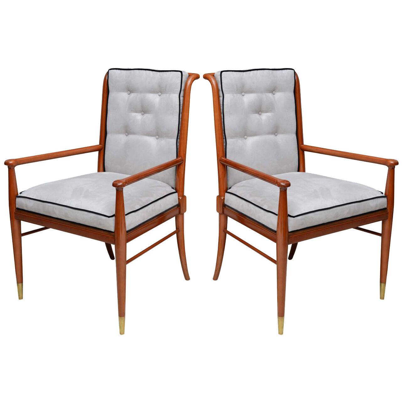 Pair of John Stuart Walnut and Brass Armchairs, USA
