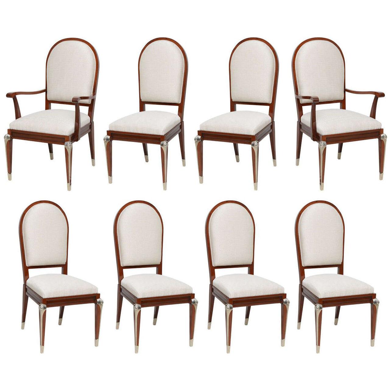 Set of Eight Jean Pascaud Mahogany and Silvered Bronze-Mounted Dining Chairs	