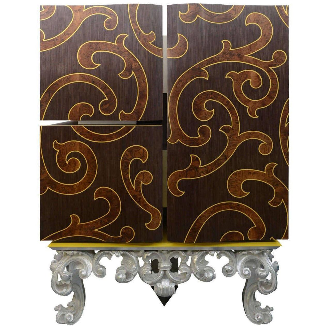Italian Rococo Style Marquetry and Silver Leaf Three-Door Cabinet on Base	