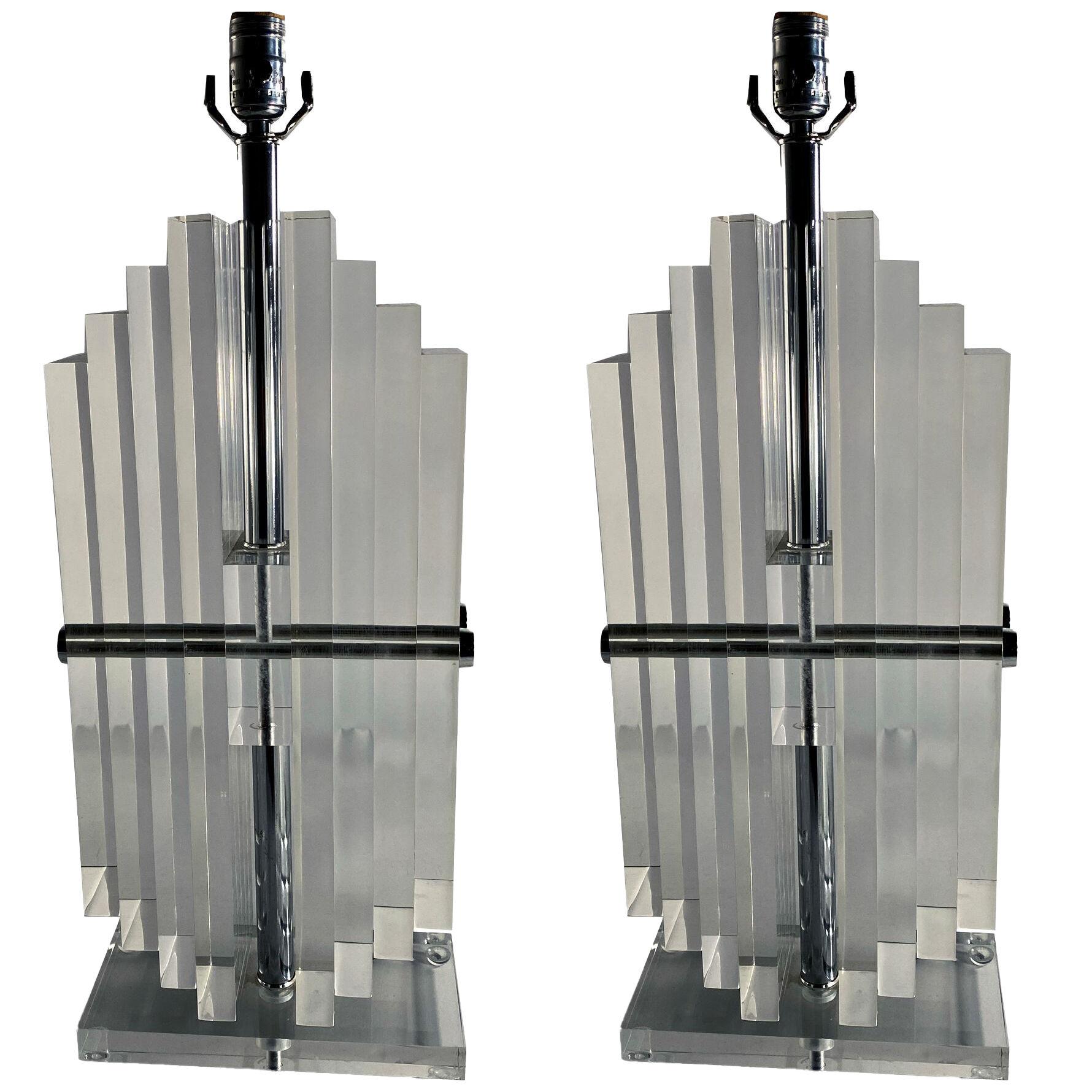 Pair of American Modern Stacked Lucite Lamps, Karl Springer,