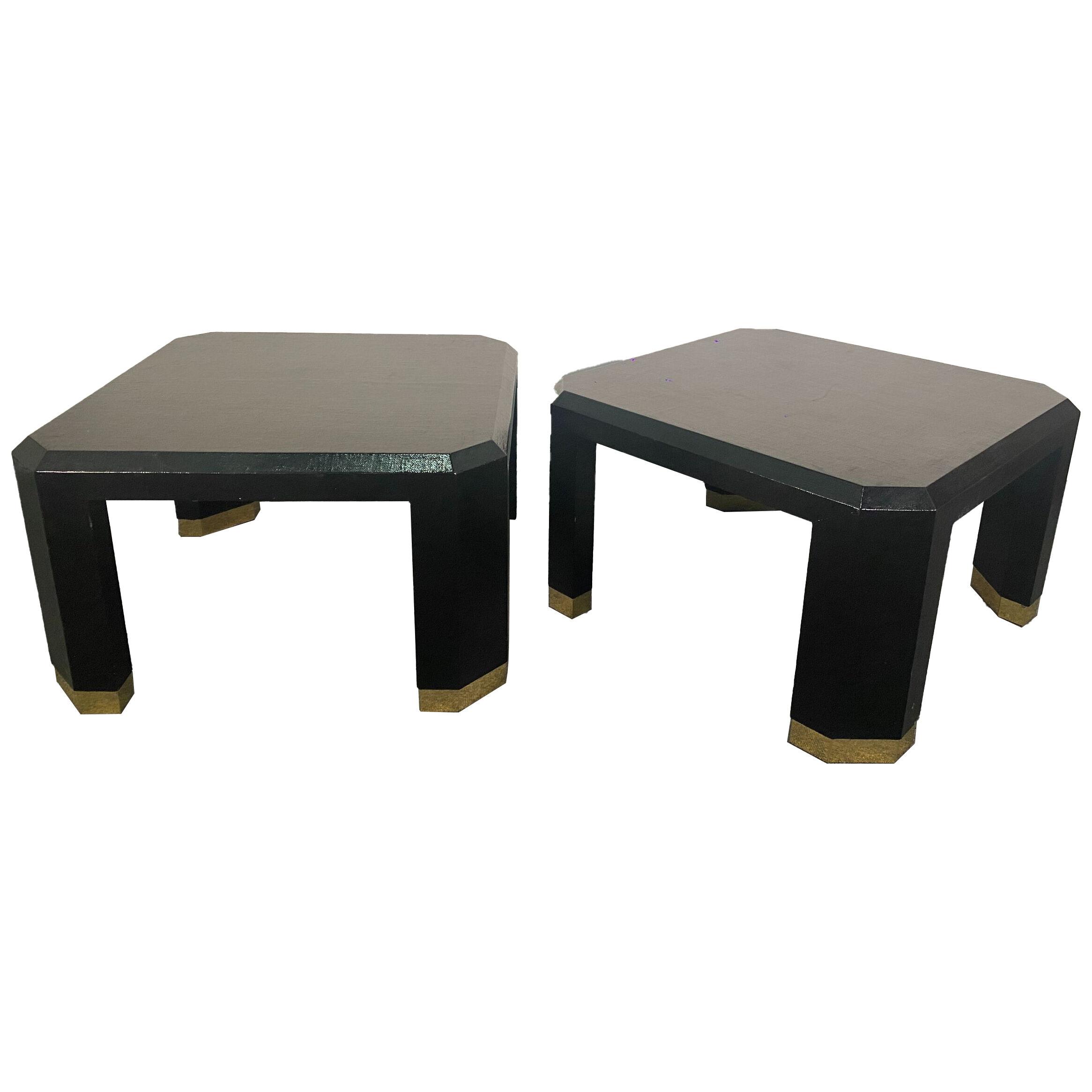 Pair of American Modern Black Lacquer Linen Brass Occasional/Low Tables,Ron Seff