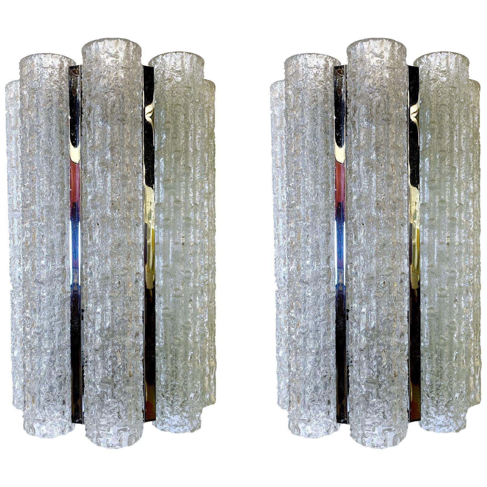 Pair of Italian Modern Hand Blown Glass & Chrome Wall Lights/Sconces, Venini