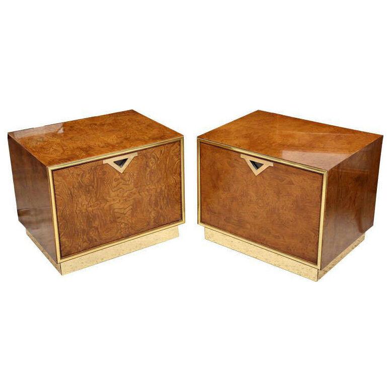 Pair of American Modern Burl Walnut and Brass End Tables
