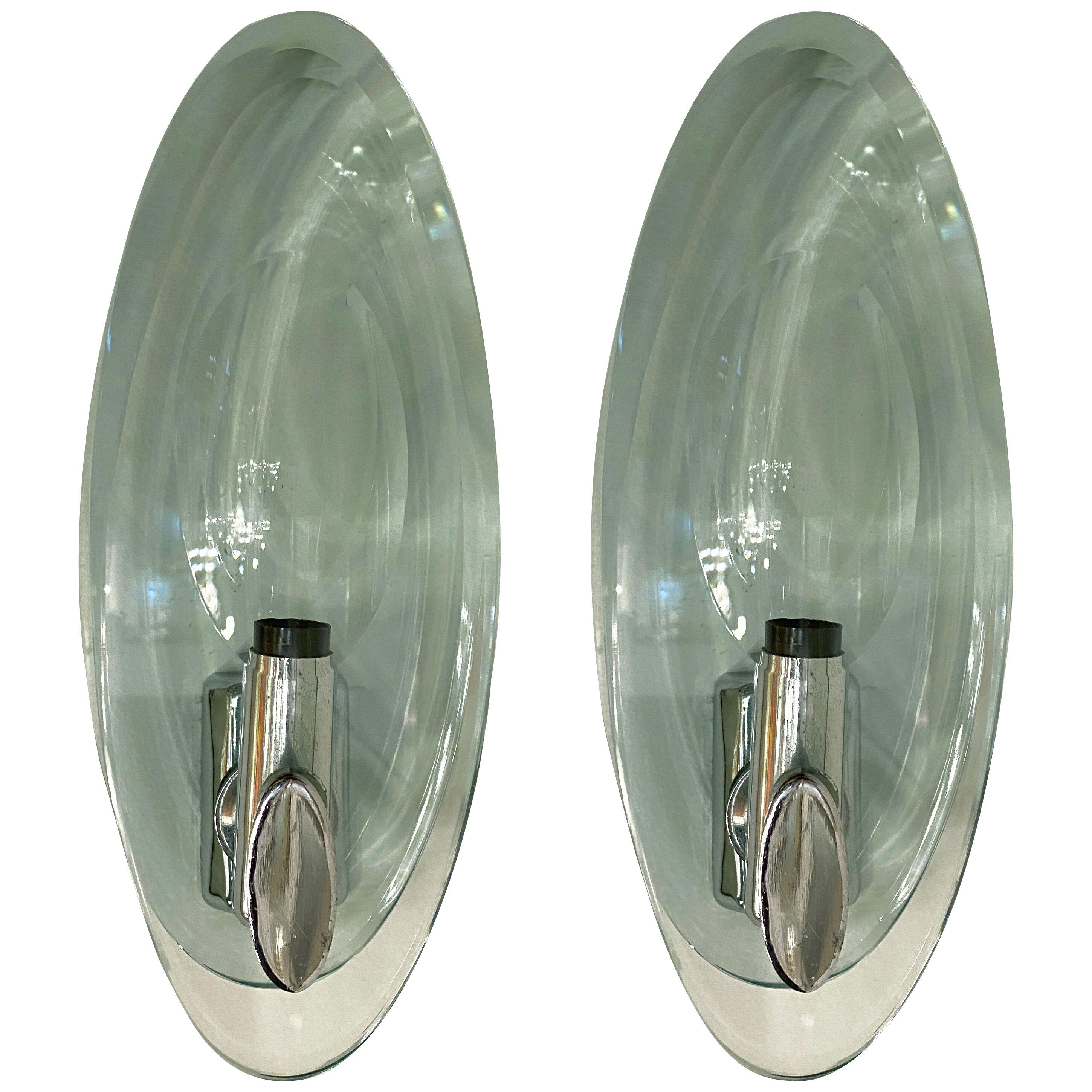 Pair of Italian Modern Glass and Polished Nickel Sconces,Max Ingrand for Fontana