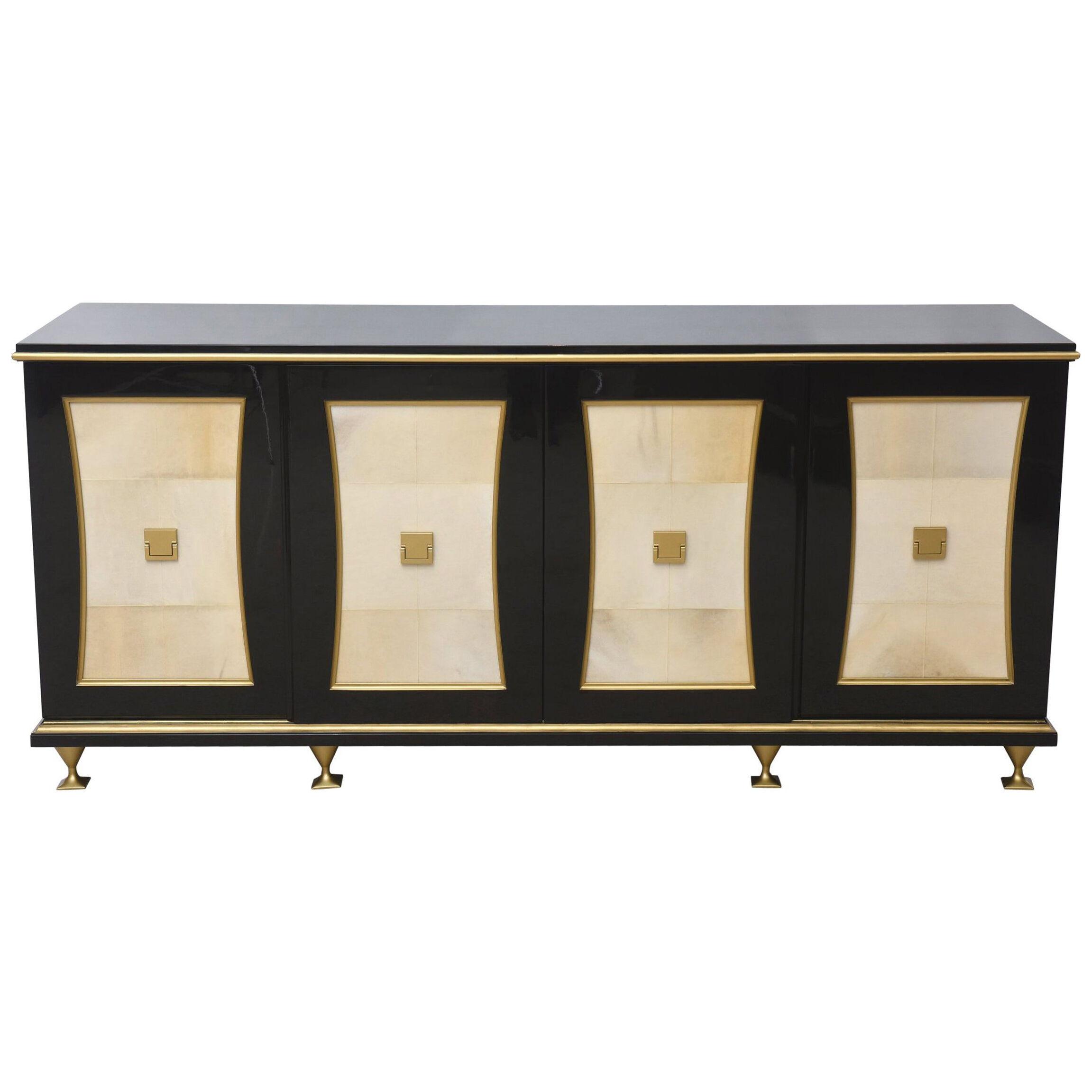 French Modern Black Lacquer, Parchment Buffet, 1940s