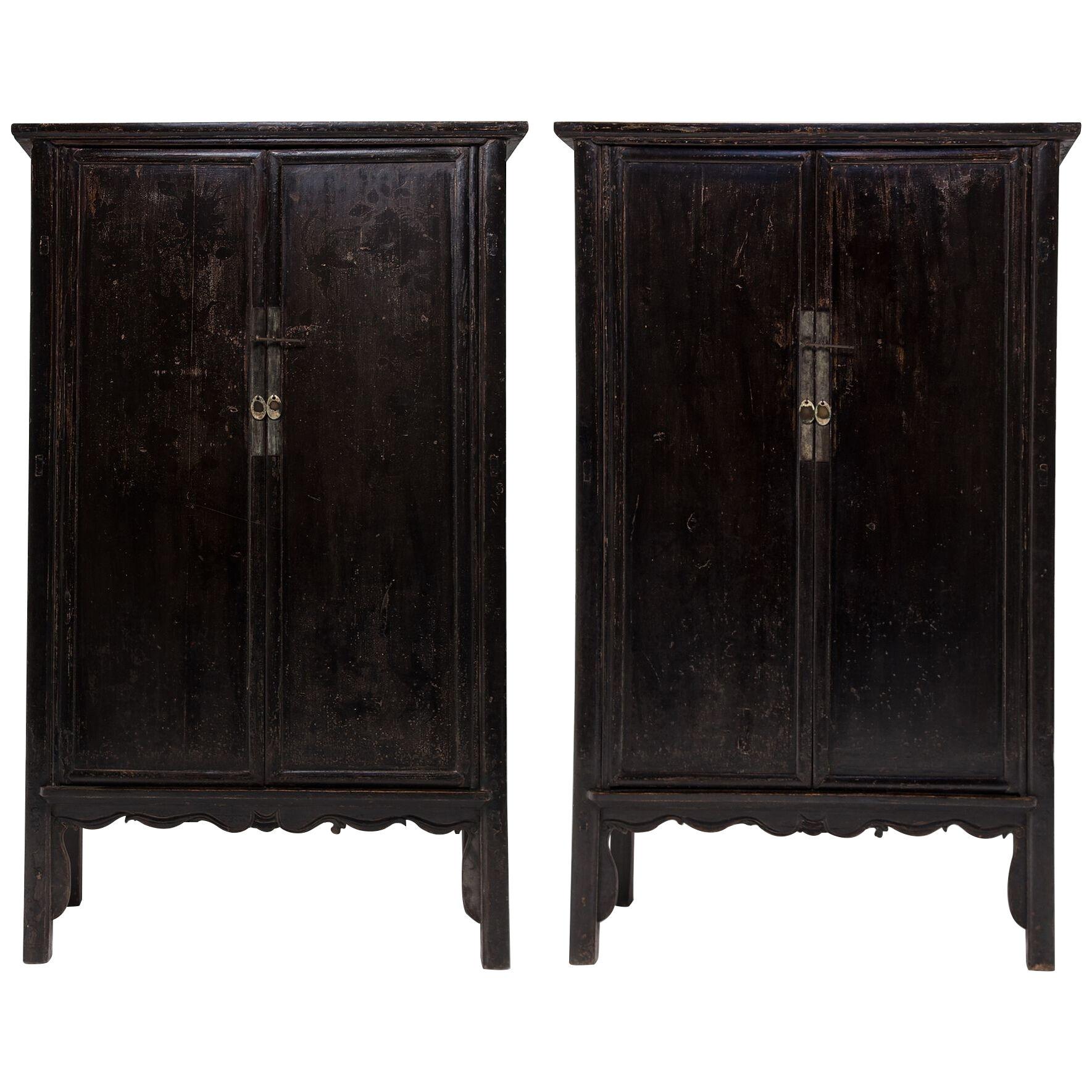 Pair of Black Lacquer Cabinets with Scalloped Aprons