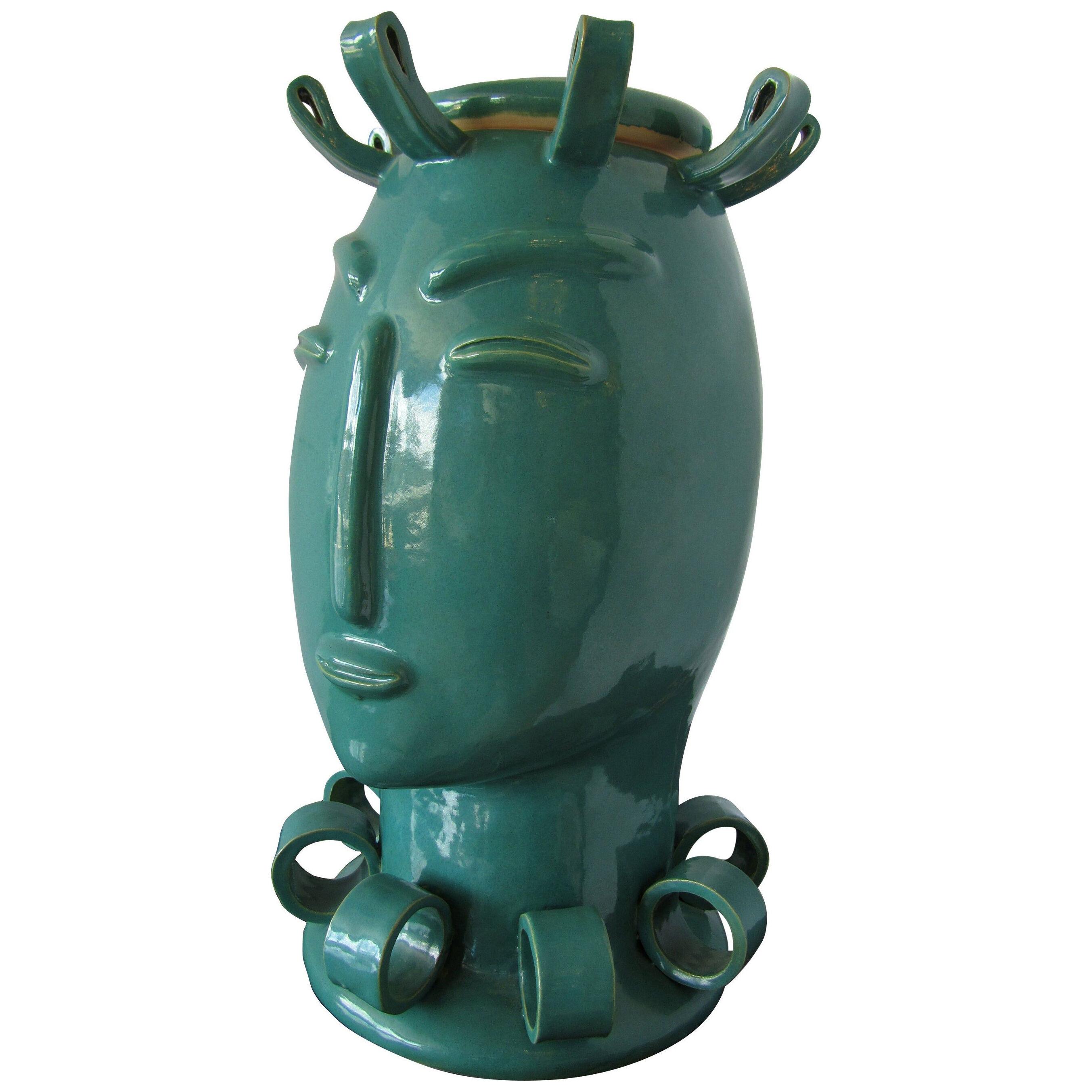 American Modern Turquoise Glazed Ceramic Covered Vessel of a Stylized Lady Tozai